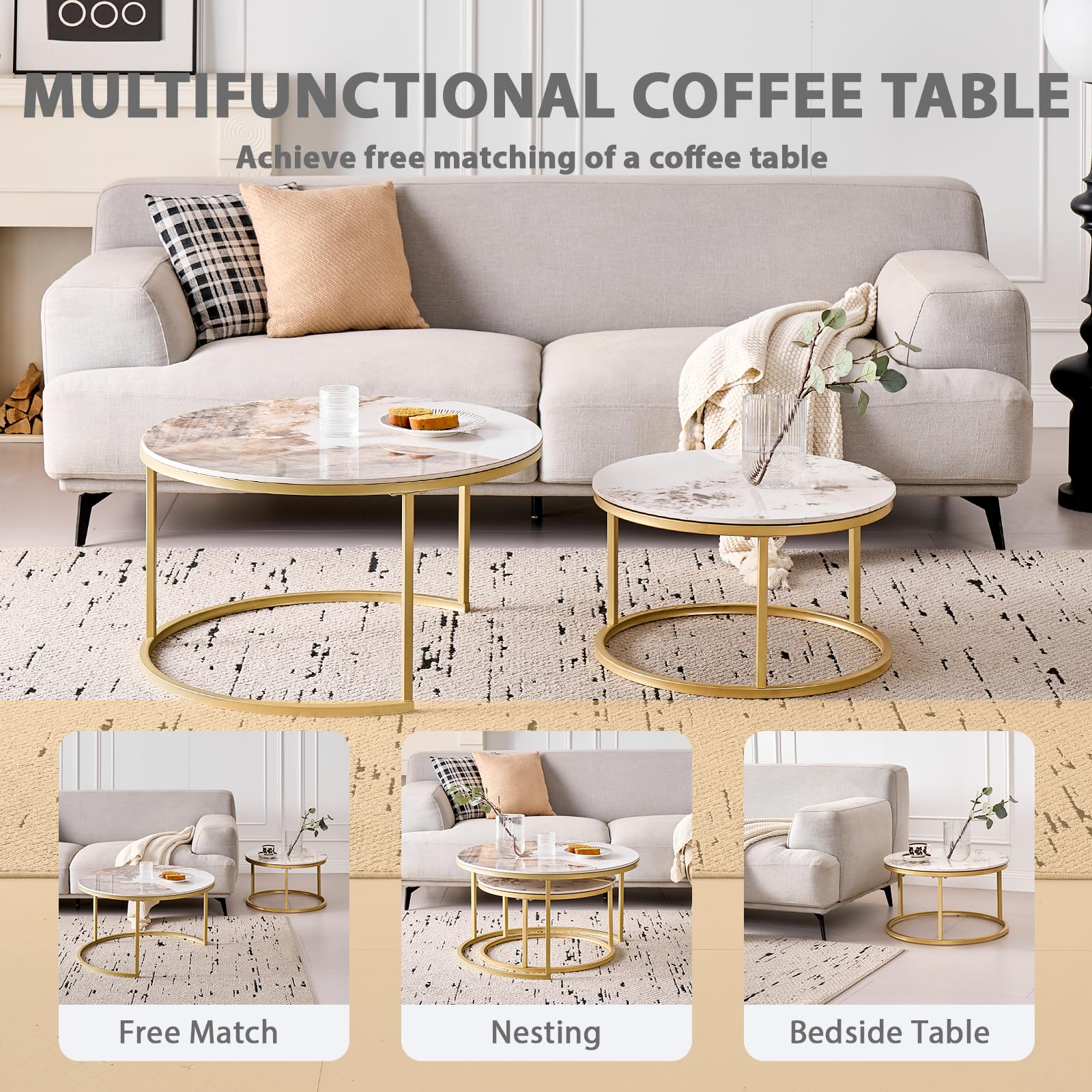 GrandCA HOME Tables Basses Rondes gigognes, Lot de 2 avec Cadre en métal doré pour Salon Moderne, 60 cm et 80 cm Tables d'appoint Pandora en Pierre frittée