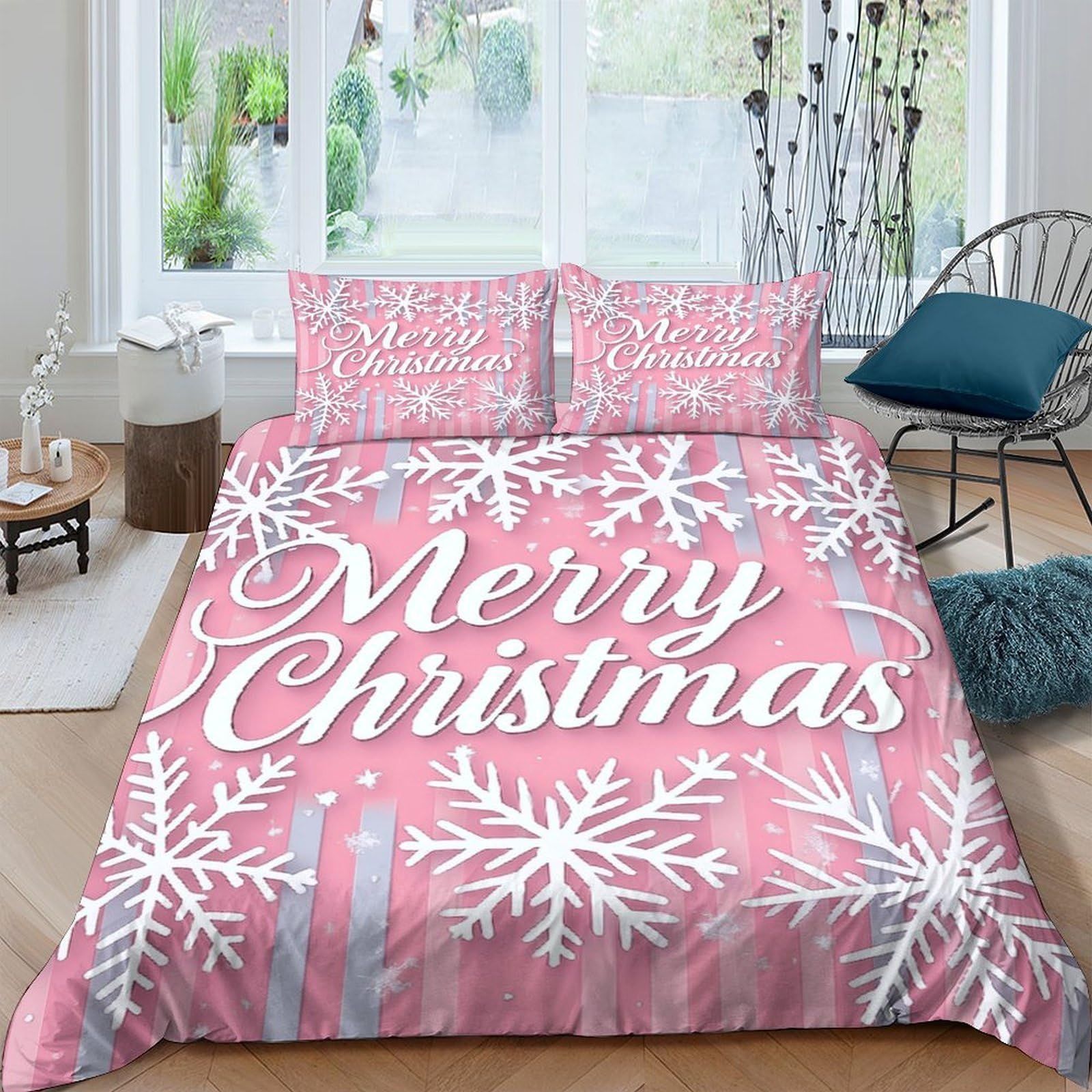Ctjqhvkz Style-3 3D Printed Pink Snowflake Fitted Sheet Microfiber Soft Christmas Letter Bed Cover For Bedroom Dorm Mattress Decor Single（135X200cm）