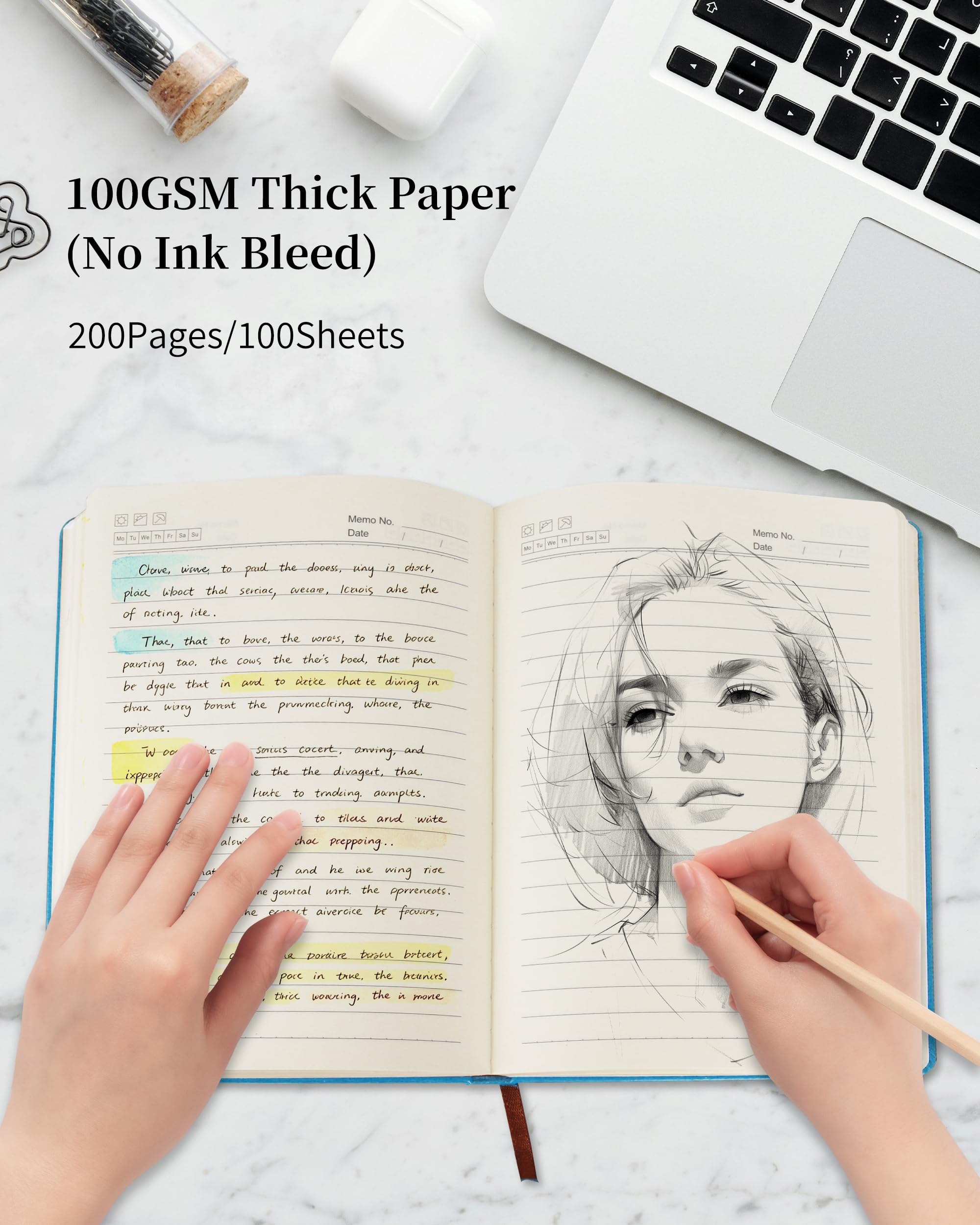 JOHSBYD Diario in pelle, formato A5, a righe, per uomini e donne, 200 pagine, 100 g/m², carta a righe spesse, diario giornaliero per scuola, viaggi, affari, lavoro (azzurro)