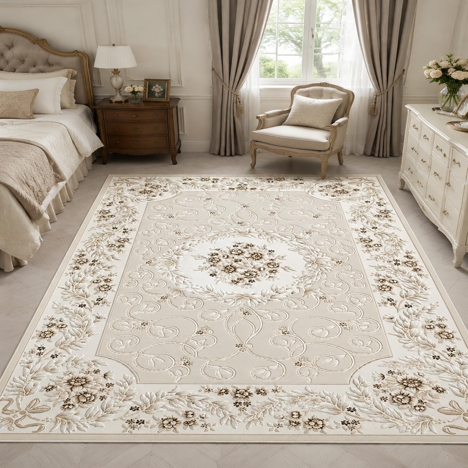Tapis décoratif maison au motif floral oriental beige et marron de 120 x 180 cm