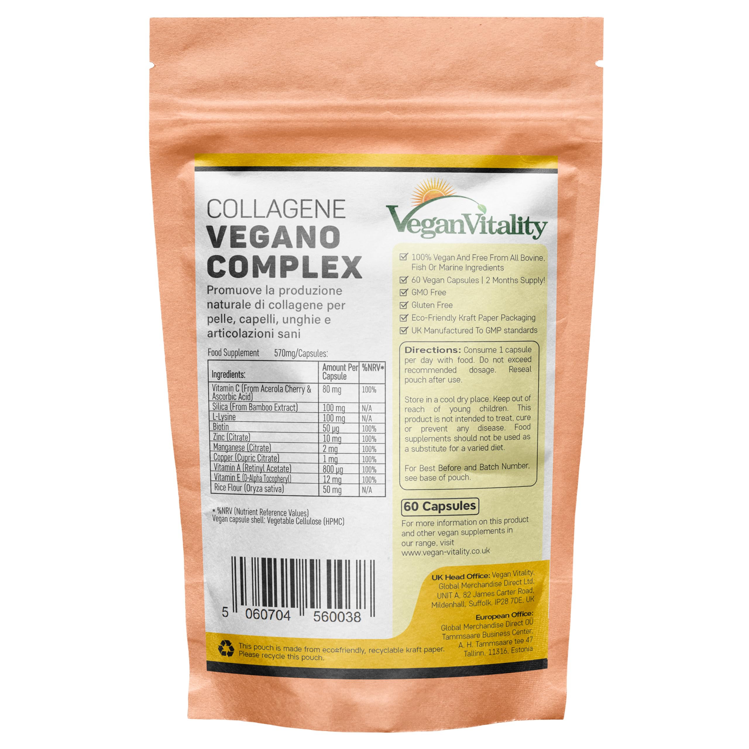 Vegan Collagen Supplement with Biotin, Lysine, Bamboo Silica, Zinc, Vitamins C, E, A. Vegetarian and Vegan Collagen. For Skin, Hair, Nails and Bones. 2 Months Supply - Vegetable Collagen