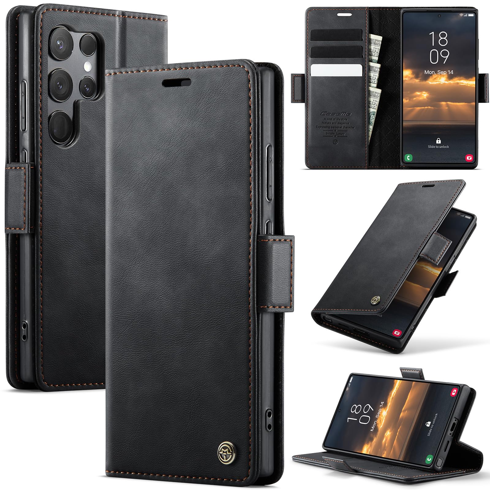 Lonjanfon Handyhülle für Samsung Galaxy S23 Ultra, hülle klapphülle[Premium Hochwertig Lederhulle][RFID Blockierung][Ständer Funktion][Kartenfach] Schutzhulle Magnet Klappbar Flip Case Tasche,Schwarz