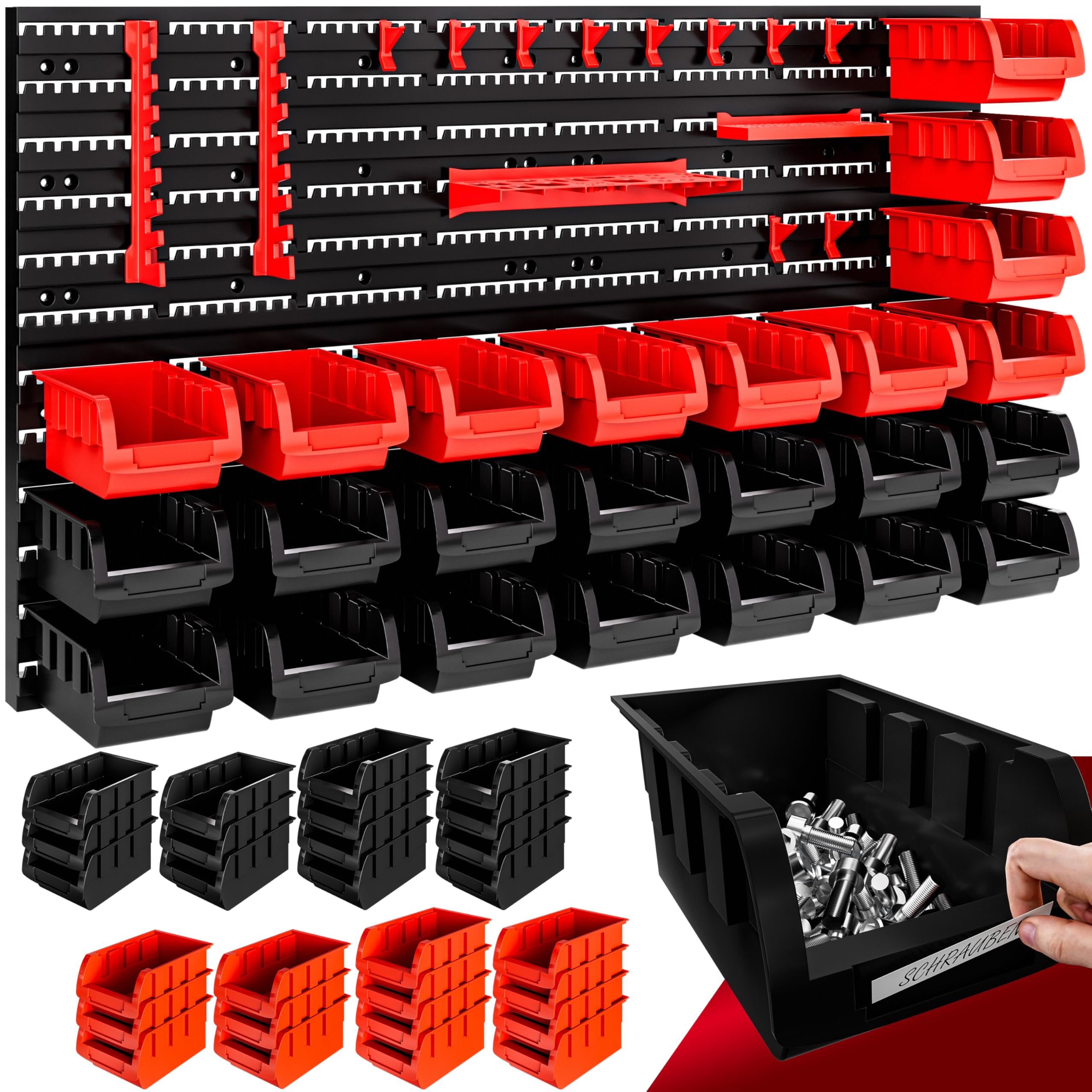 MONZANA® 43 Piece Garage Wall Racks with Storage Boxes & Wall Panels for Workshop, Craft Organiser, Pegboard Tool Rack Stackable Small Parts Bins Plastic Storage Box Tools Organiser