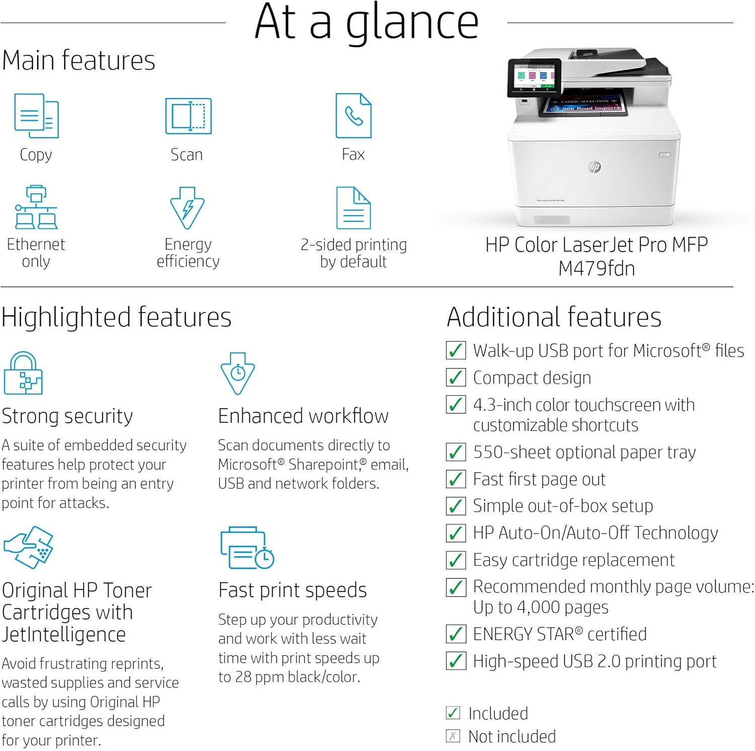 HP Color Laserjet Pro Multifunction M479fdn Laser Printer with One-Year, Next-Business Day, Onsite Warranty (W1A79A) White (Renewed)