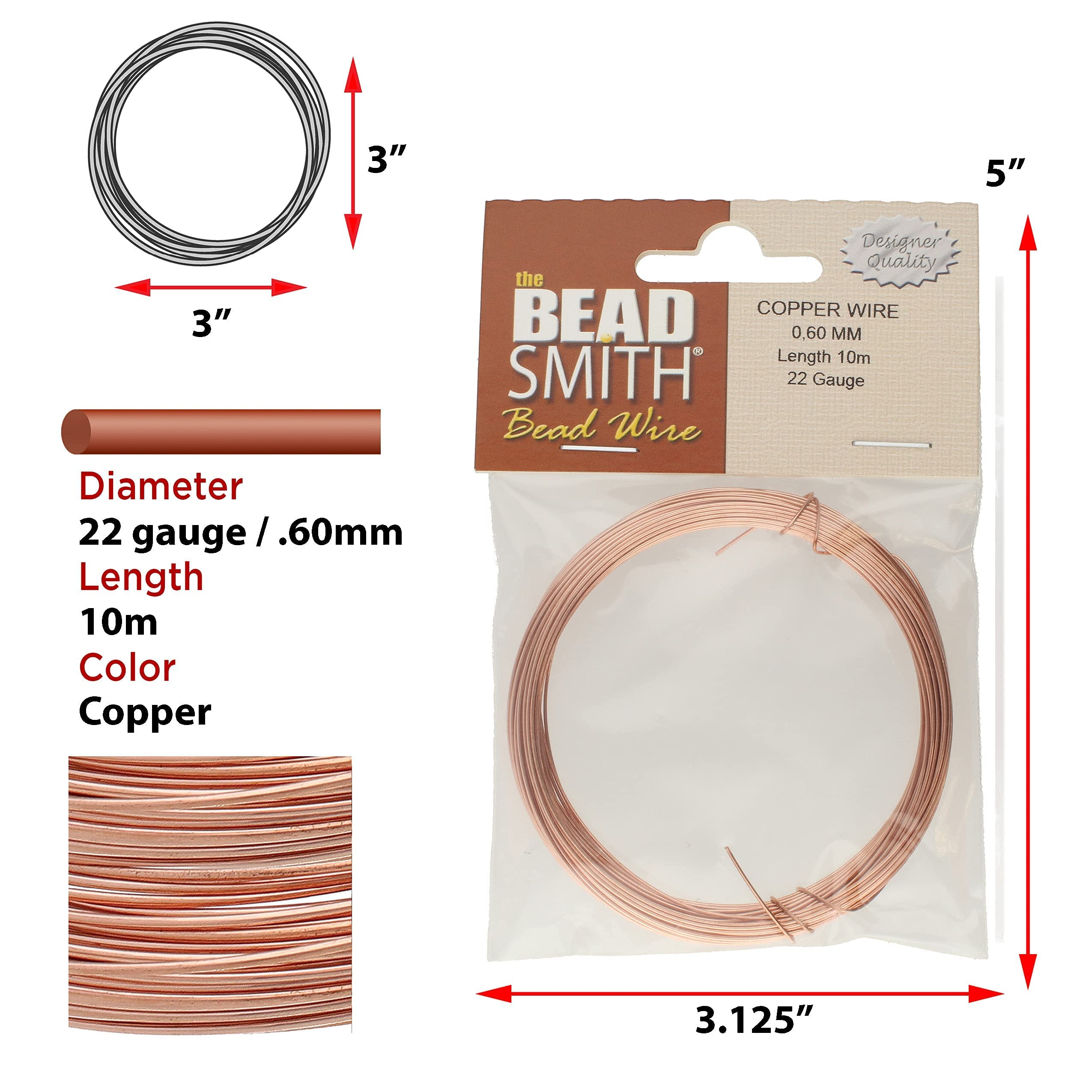 The Beadsmith Fil de bijouterie allemand - 0,6 mm de diamètre, calibre 22, bobine de 10 m - 100 % cuivre - Fil utilisé pour la fabrication de bijoux