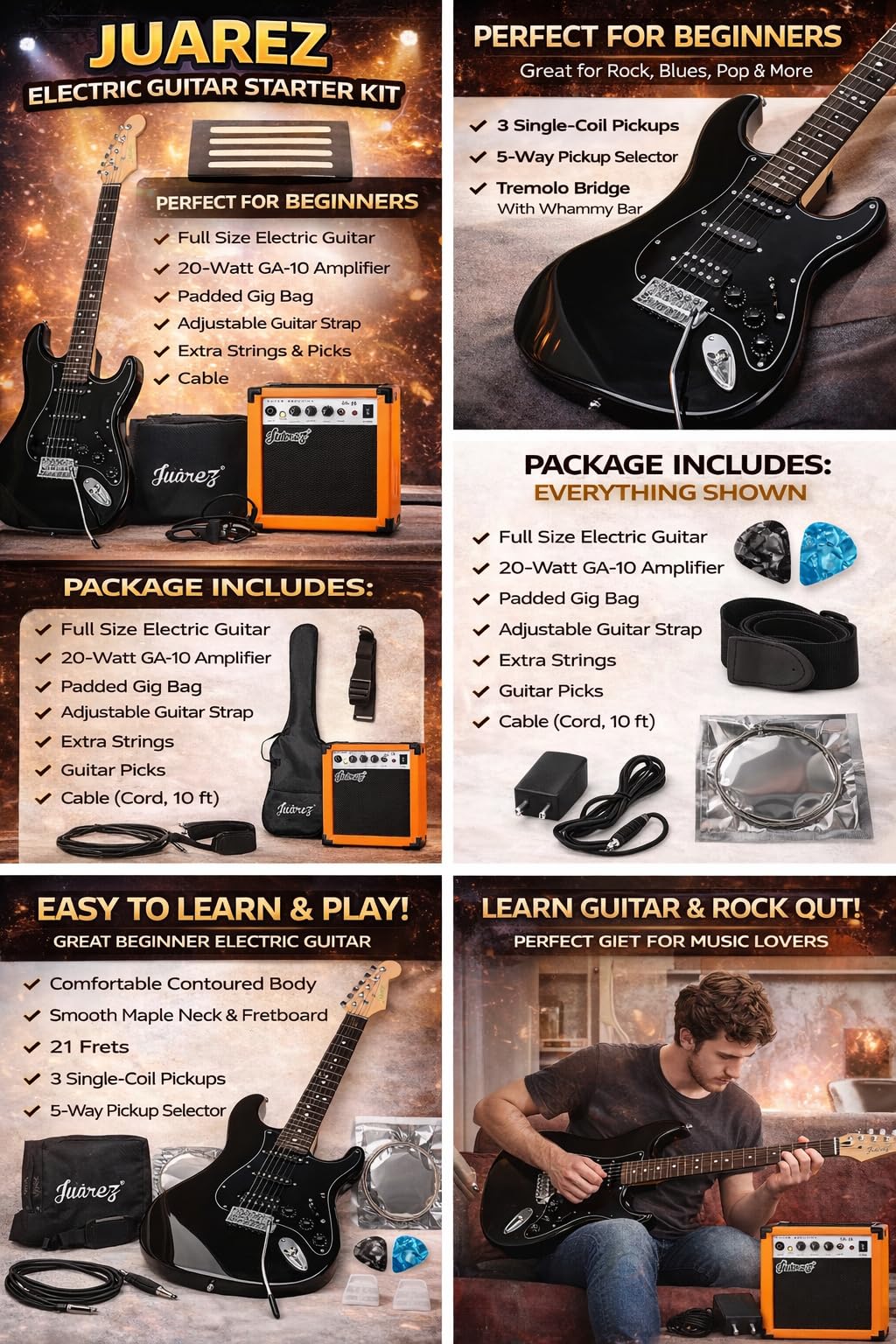 Juarez Basswood JRZ-ST01KIT-FBK Full-Size H-S-S Electric Guitar Kit for Beginners | Includes Amplifier, Cable, Strap, Picks & Gig Bag Full Black — Amazon image 8