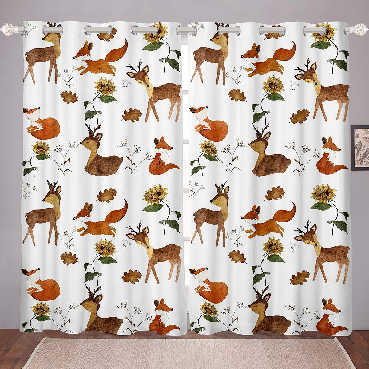 Loussiesd Tenda per finestra con volpe,con motivo a cartoni animati, con motivo a fiori di girasole, per camera da letto e fiori, termiche oscuranti W46 x L72,2 pannelli