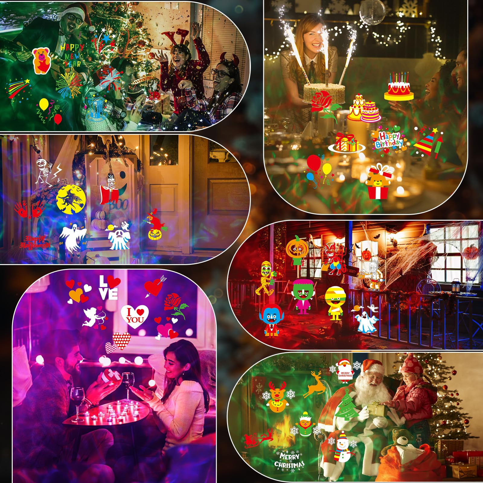 Proiettore Halloween & Natale, 4/6/8 Modalità, 15W, 20 Fogli, Impermeabile, 10 Colori, Onda Oceanica LED, Telecomando per Feste di Deco