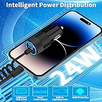 Vista 5 de [Apple MFi Certified] iPhone Fast Car Charger, Caiinei 4.8A USB Power Car Charger Adapter with Built-in Coiled Lightning + 6FT Lightning Cable Quick