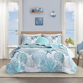 Tritard Coastal 3-Piece Quilt Set Full/Queen - Reversible Lightweight Microfiber Beach Bedding with Shams, Nautical All-Season Coverlet 90x96