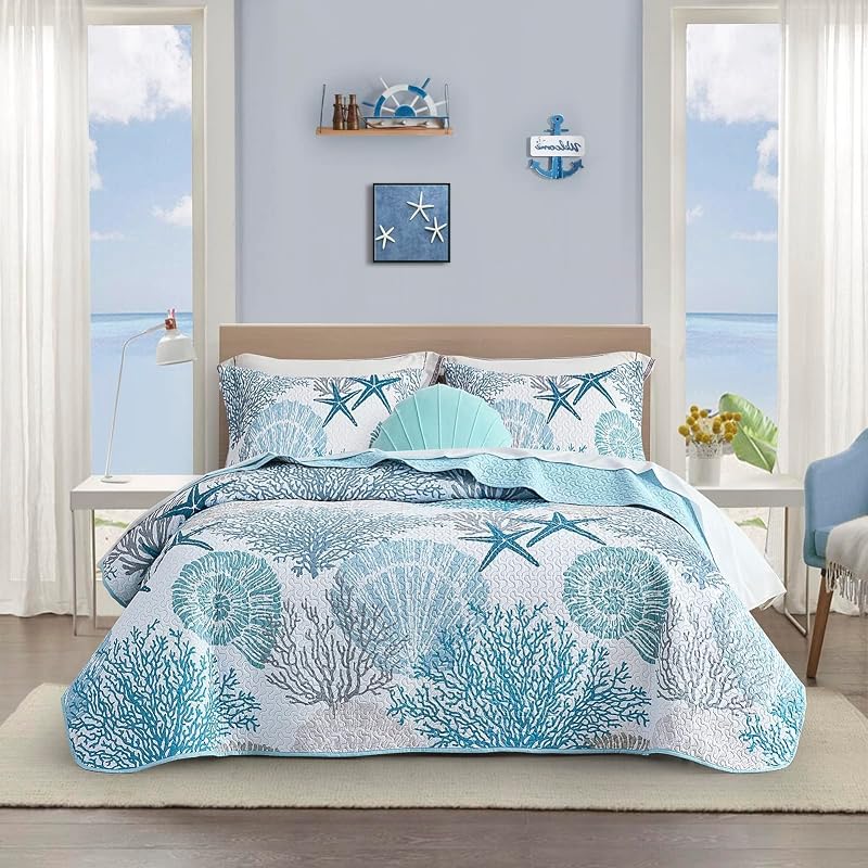 3 Piece Coastal Quilt Sets California King Size Bedding Set, Blue | Reversible, Soft, Lightweight, Beach Nautical Bedspread, Summer Comforter with 2 Shams, All Season, 118'x106''