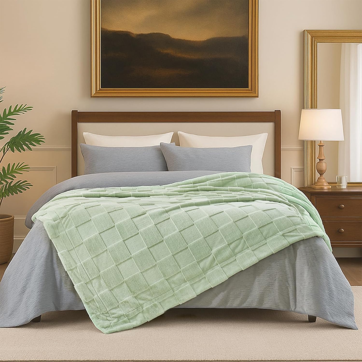 Cozy Bliss Checkered Faux Rabbit Fur Blanket Queen Size for Bed, Soft Fuzzy Blankets for Women Men, Large Furry Fleece Throw for Bedroom Decor (Sage Green, Queen 90" x 90") Sage Green Queen(90" x 90")