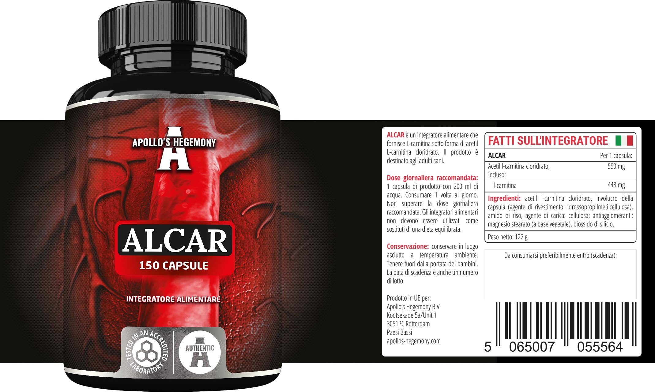 Acetil L-Carnitina HCL 550 mg | ALCAR 150 capsule | Fornitura per 5 mesi | Integratore dietetico ad alto dosaggio di aminoacidi L-Carnitina per proteggere le mitocondri - di Apollo's Hegemony