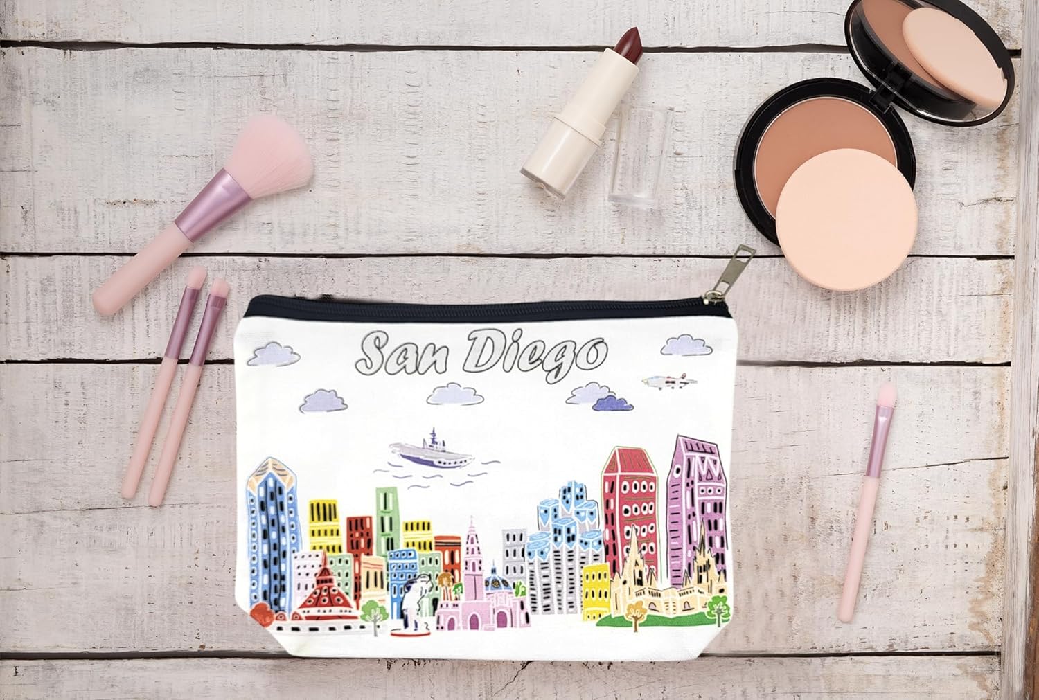 City Themed Artwork Cosmetic Bag Series – Designed in USA, Travel Makeup Bag with Zipper, Souvenir Gift for Women, Artwork Organizer for Purse or Toiletry (San Diego) - Image 2