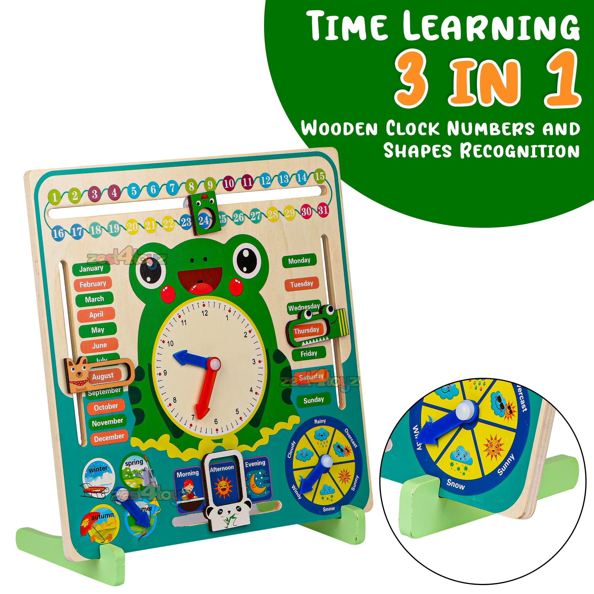 Zest 4 Toyz Learning Calendar Time and Seasons Game Wooden Clock Toy Calendar Board Shape Recognition Educational Learning Toy Frog (Green) - 3+ - Image 2 thumbnail