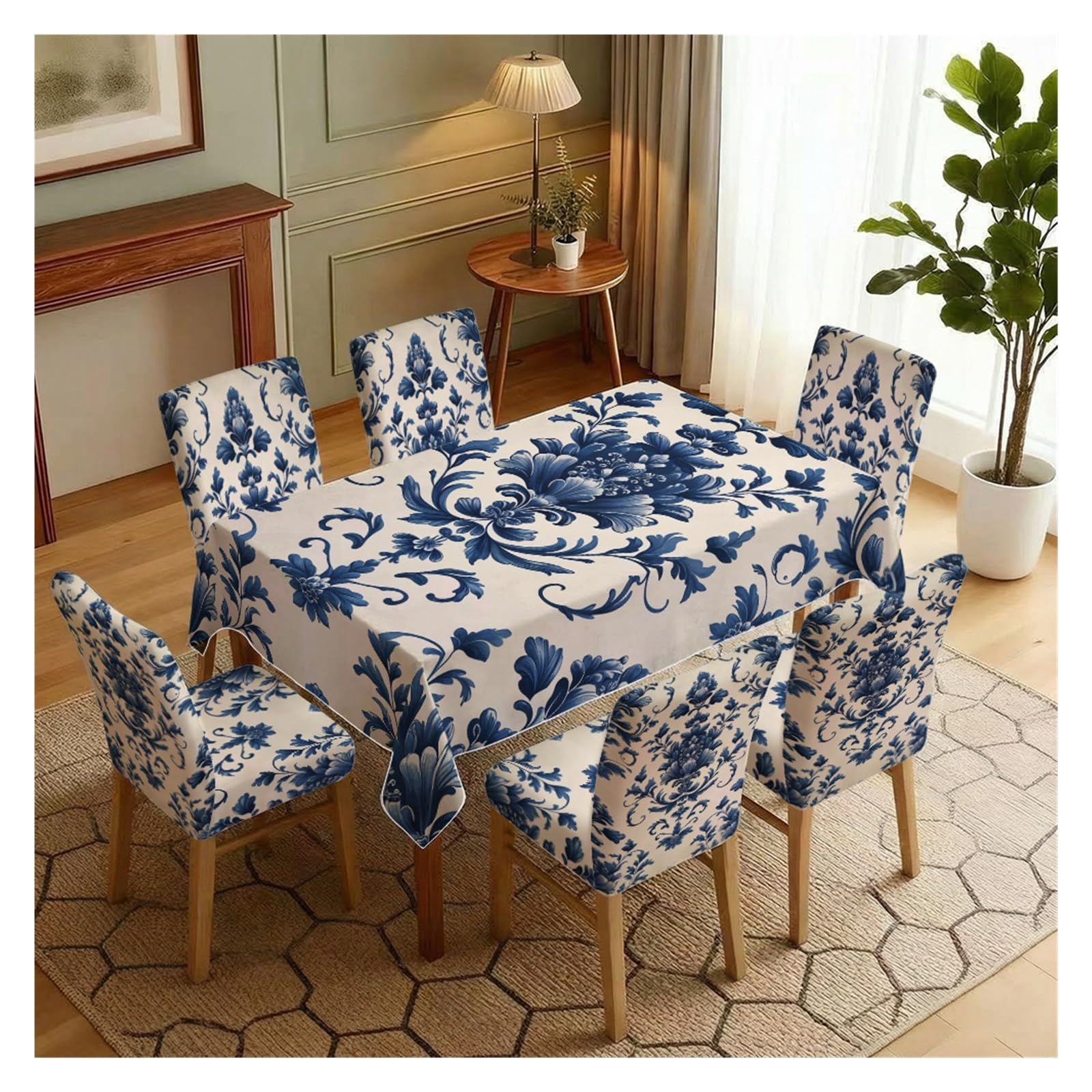 Nappe et housses de chaise extensible 7 pièces bleu floral décoration table séjour