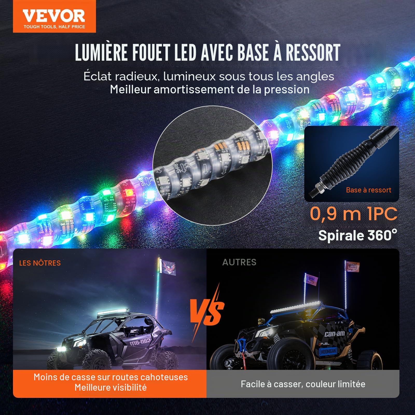VEVOR Fouet Lumineux LED de 91 cm avec Base à Ressort, Télécommande APP et RF, Étanche à 360° en Spirale RVB avec 2 Drapeaux, Éclairage pour UTV, VTT, Motos, RZR, Camions, Tout-Terrain, 1 Pièce