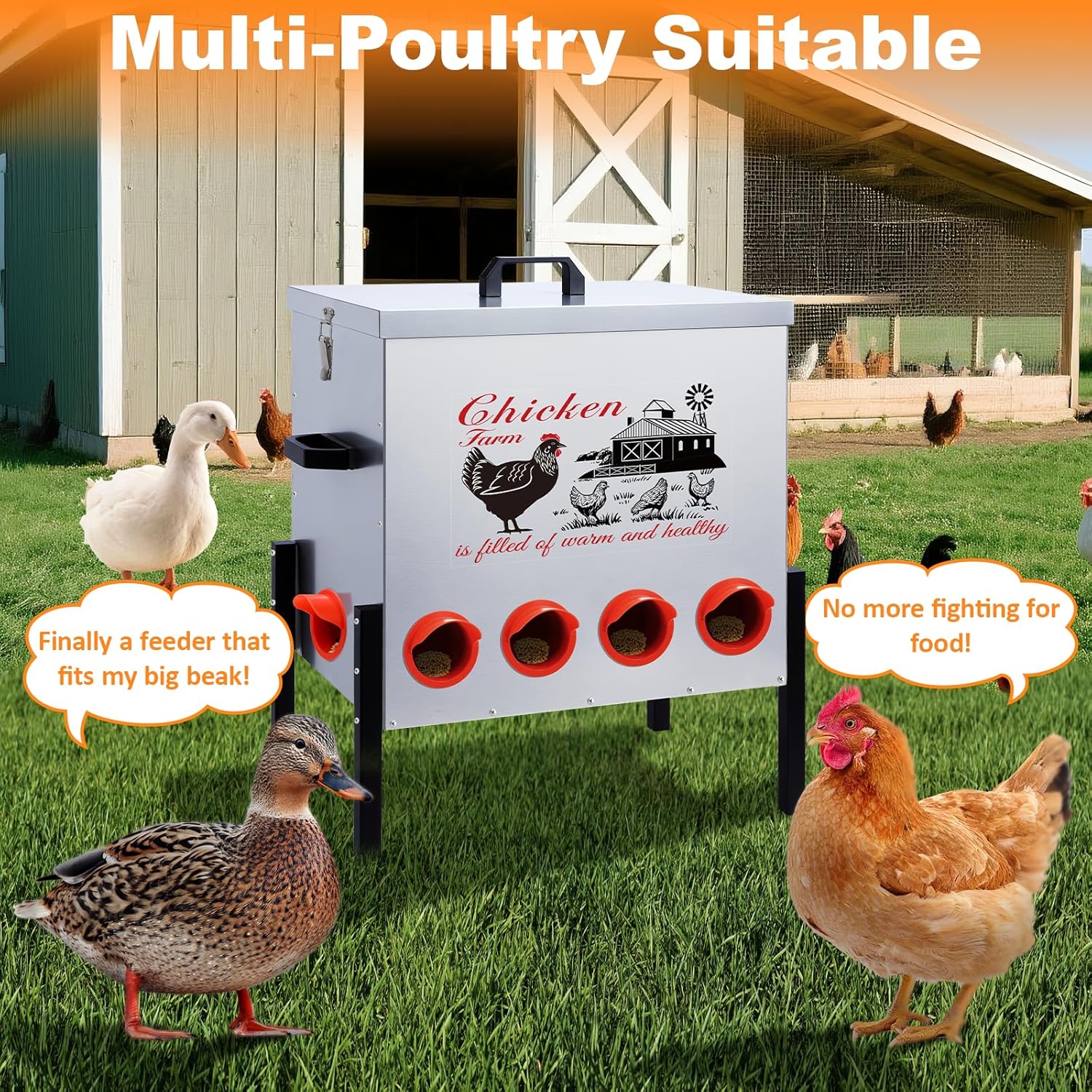 100LB Large Automatic Chicken Feeder–10 Feeding Ports No-Waste Galvanized Metal Chicken Feeder Box with Adjustable Legs & Locking Lid Poultry Feeder for Chickens,Ducks,Geese,Rust-Resistant