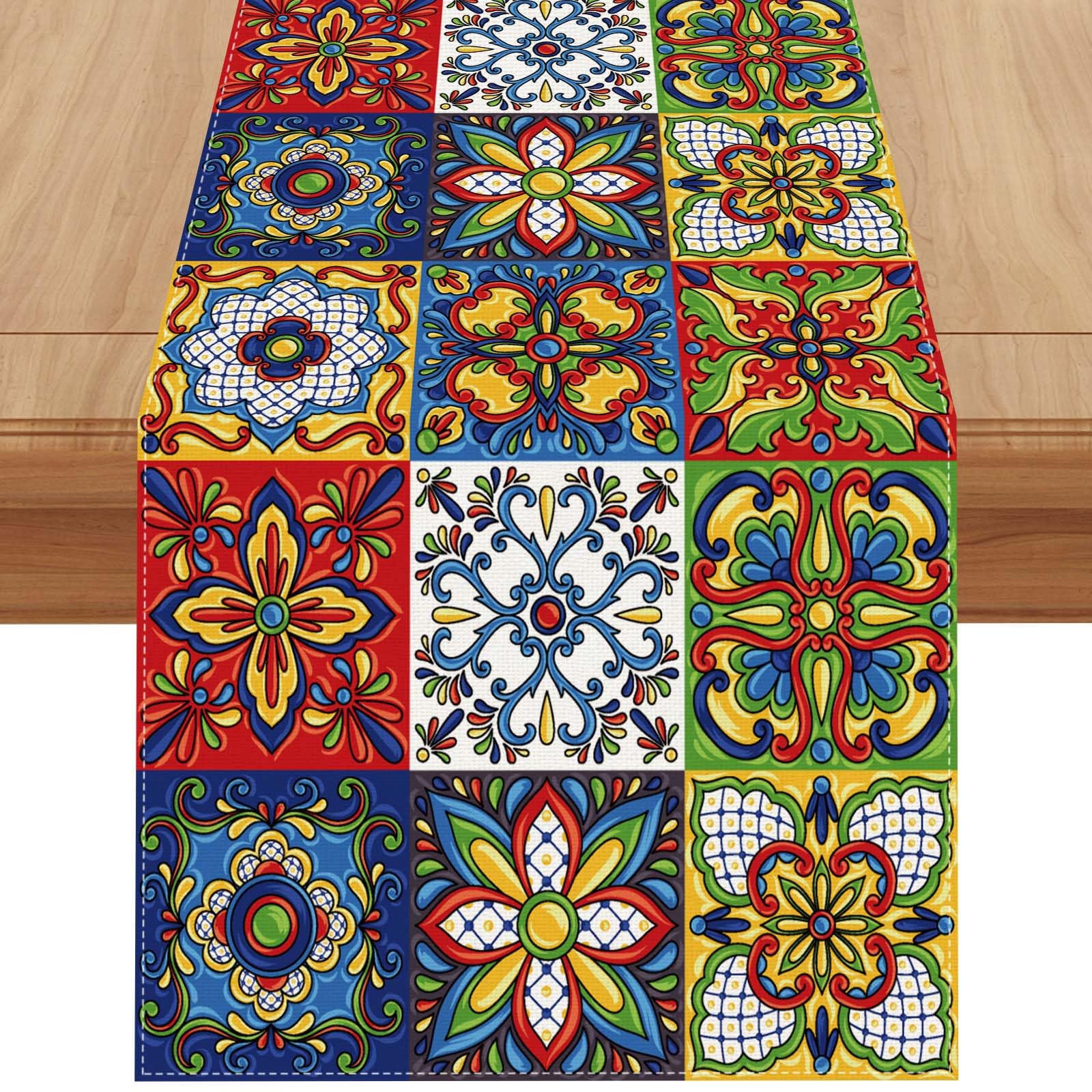 Jiudungs Linen Mexican Talavera Ceramic Tile Table Runner 72 Inches Long Mexican Fiesta Tablecloth Cinco De Mayo Party Decoration and Supplies for Table