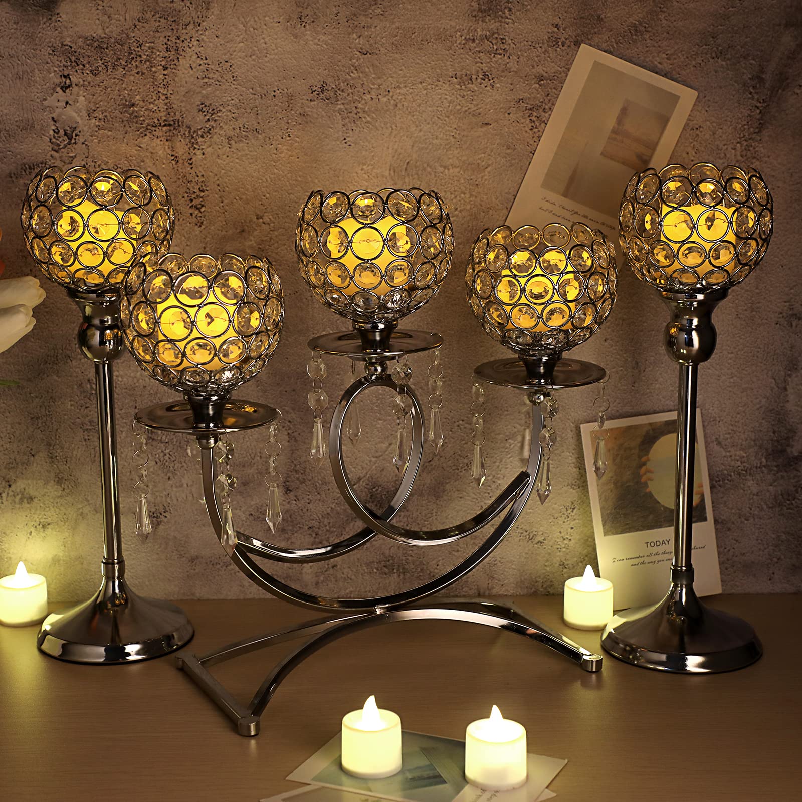 OwnMy Set of 3 Silver Crystal Tealight Candle Holders Crystal Bowl Votive Candlestick Holders, Metal Crystal Tea Light Candelabras Candle Stands for Table Centerpiece Wedding Living Room Candle Decor
