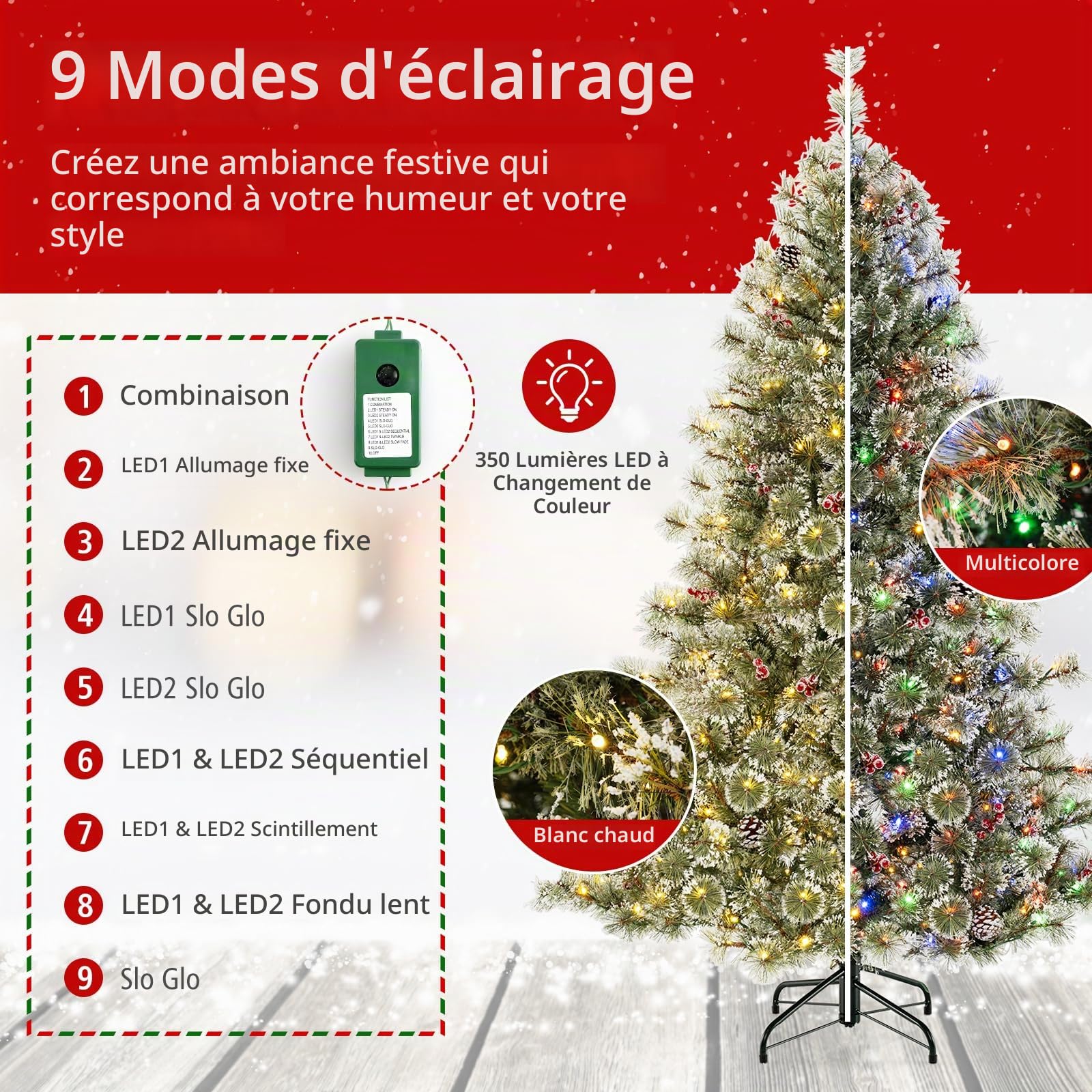 COSTWAY Sapin de Noël Artificiel 180 cm, Arbre de Noël Pré-éclairé à Charnière 598 Aiguilles de Pin et Embouts en PVC, 350 Lumières LED Multicolores et Blanc Chaud, 9 Modes, Connecteur Rapide