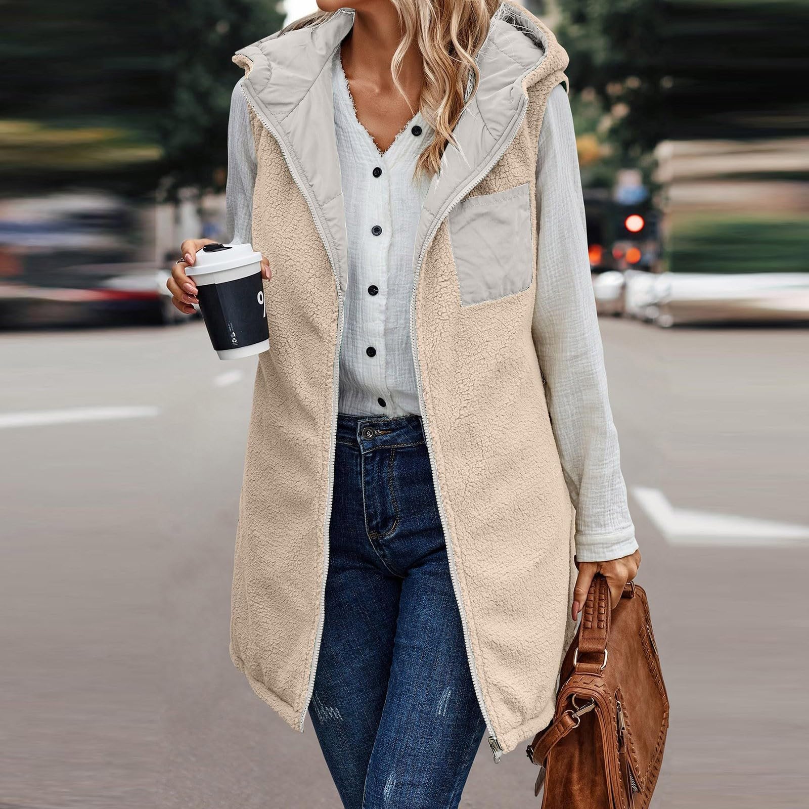Chaleco de invierno para mujer, largo con capucha, chaleco de forro polar para mujer, sin mangas, con cremallera, chaleco con capucha, con bolsillos, chaleco acolchado de tallas grandes, chaqueta de