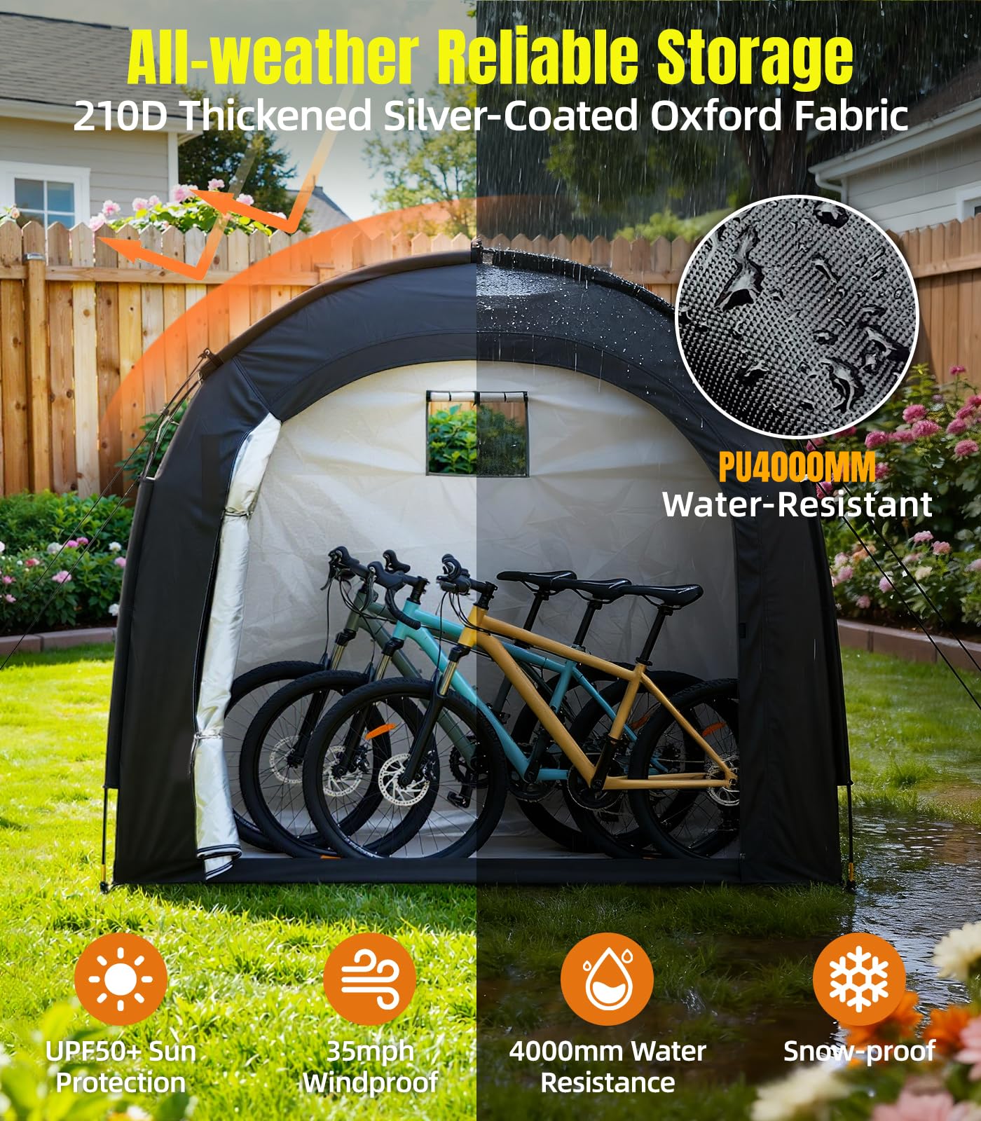 Housolution Tente de Stockage pour 3 Vélos, Extérieur Portable 210D Oxford épais PU4000 Imperméable à l'eau avec Fenêtre Ventilée, Tente pour Vélo, Tondeuse à Gazon, Outils de Jardin
