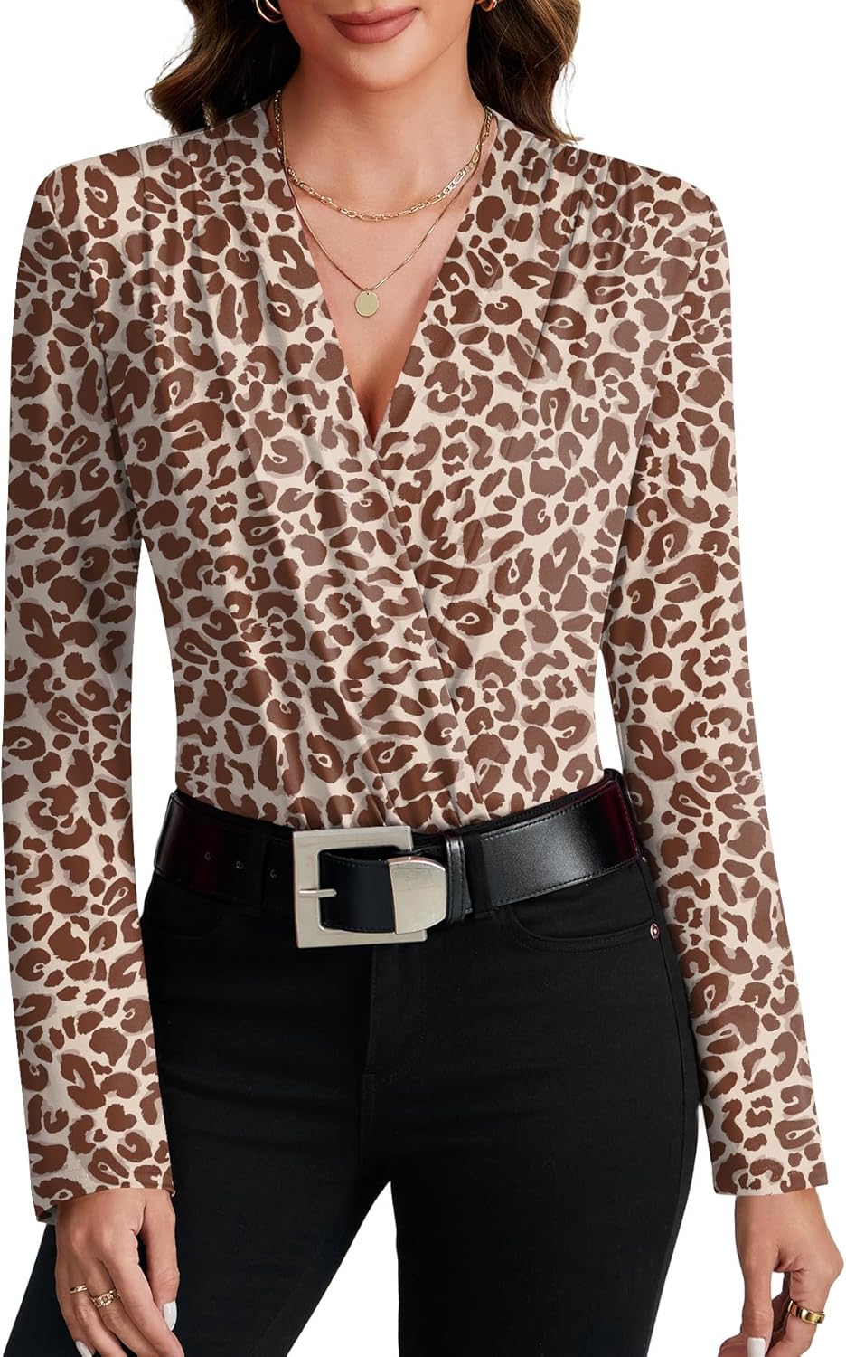 LYANER Women's Wraped V Neck Ruched Long Sleeve Leotard Bodysuit Top - Image 2