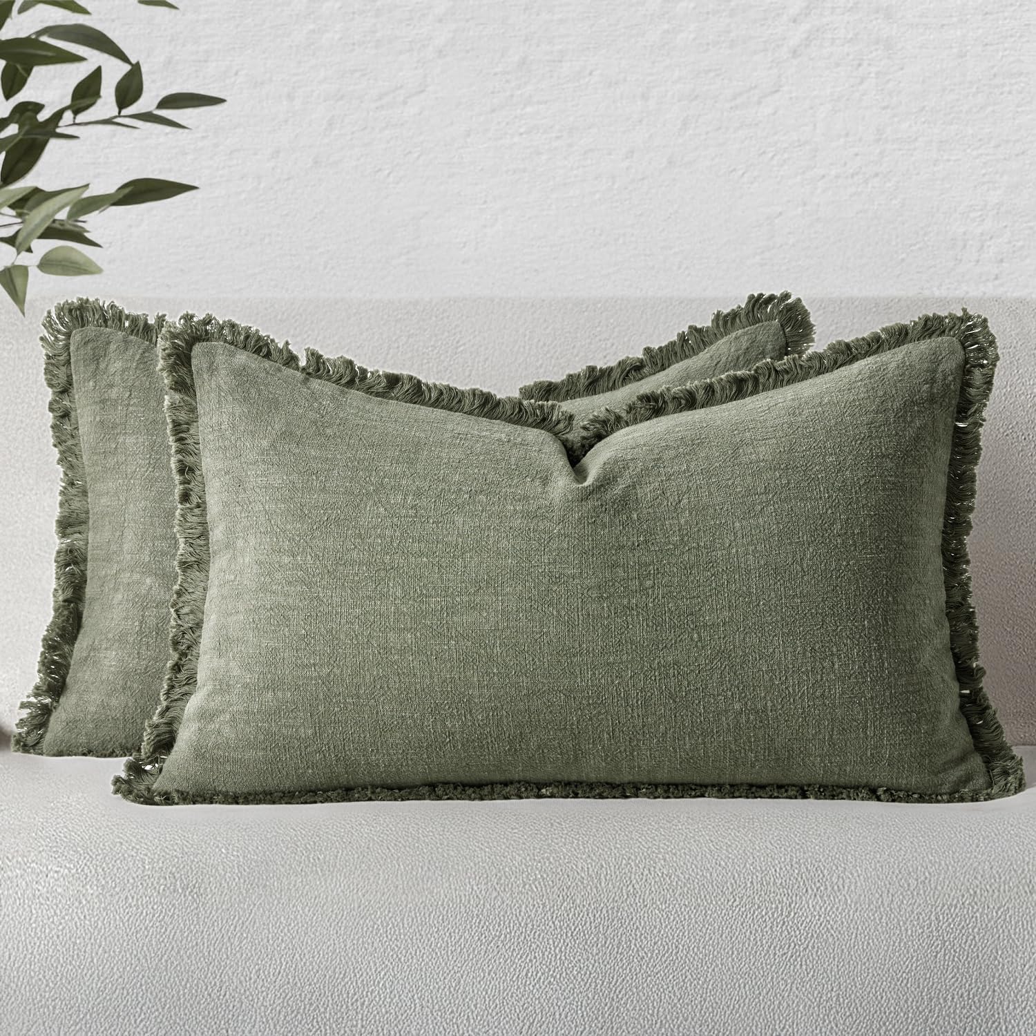 MIULEE Linen Decorative Lumbar Throw Pillow Covers Light Olive Green 12x20