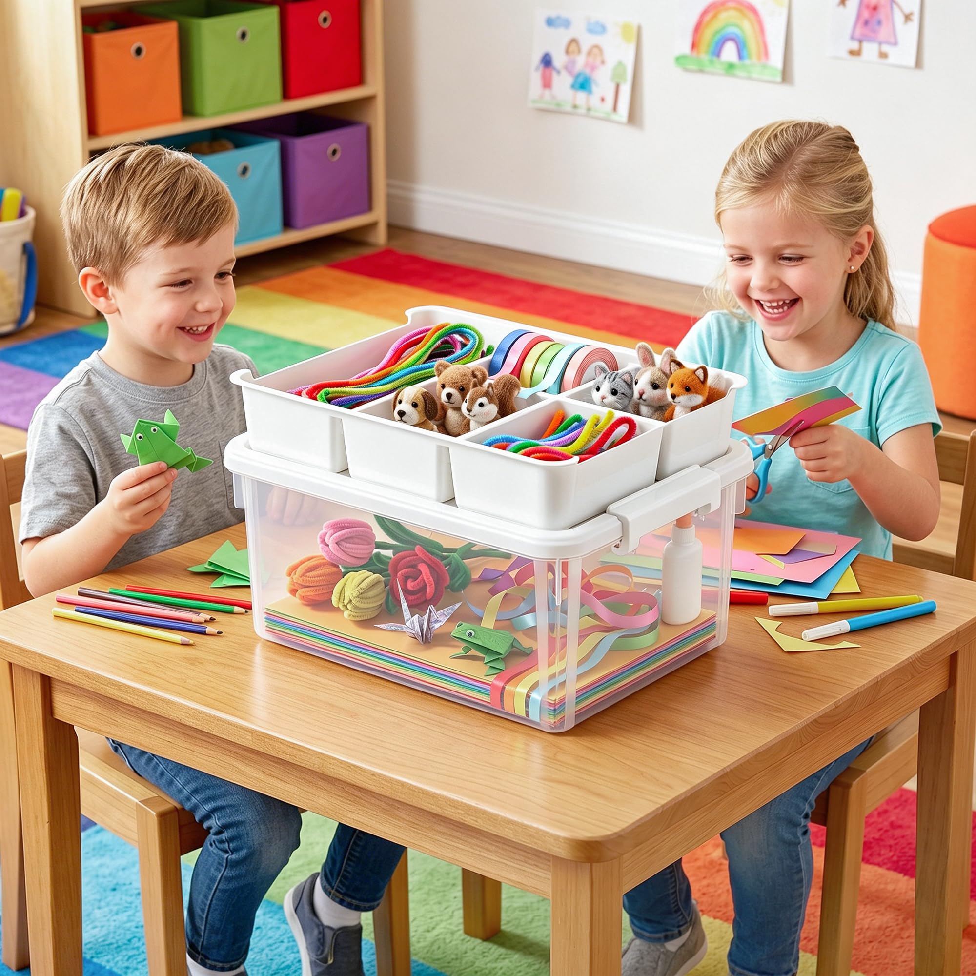 2er-Pack 16-Liter-Aufbewahrungsboxen für Spielzeug mit Deckel in Form einer Baustein-Grundplatte, herausnehmbarer Einlegeboden, Verschlussgriff, stapelbare Aufbewahrungsboxen mit Fächern
