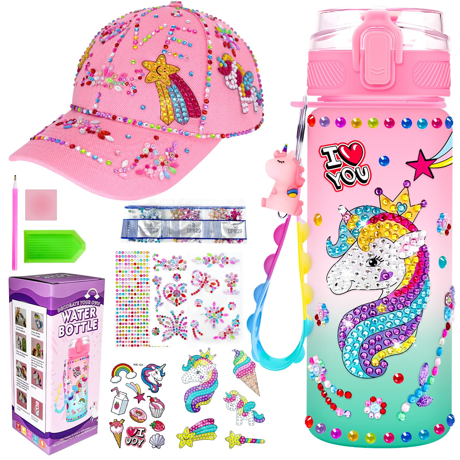 NlsqEU Borraccia per Bambini Unicorno, 600ml Unicorno Regalo Bambina 4 5 6 7 8 9 10 Anni, Borraccia Bambino Kit e Berretto Regali per Ragazze Bambini & Baseball