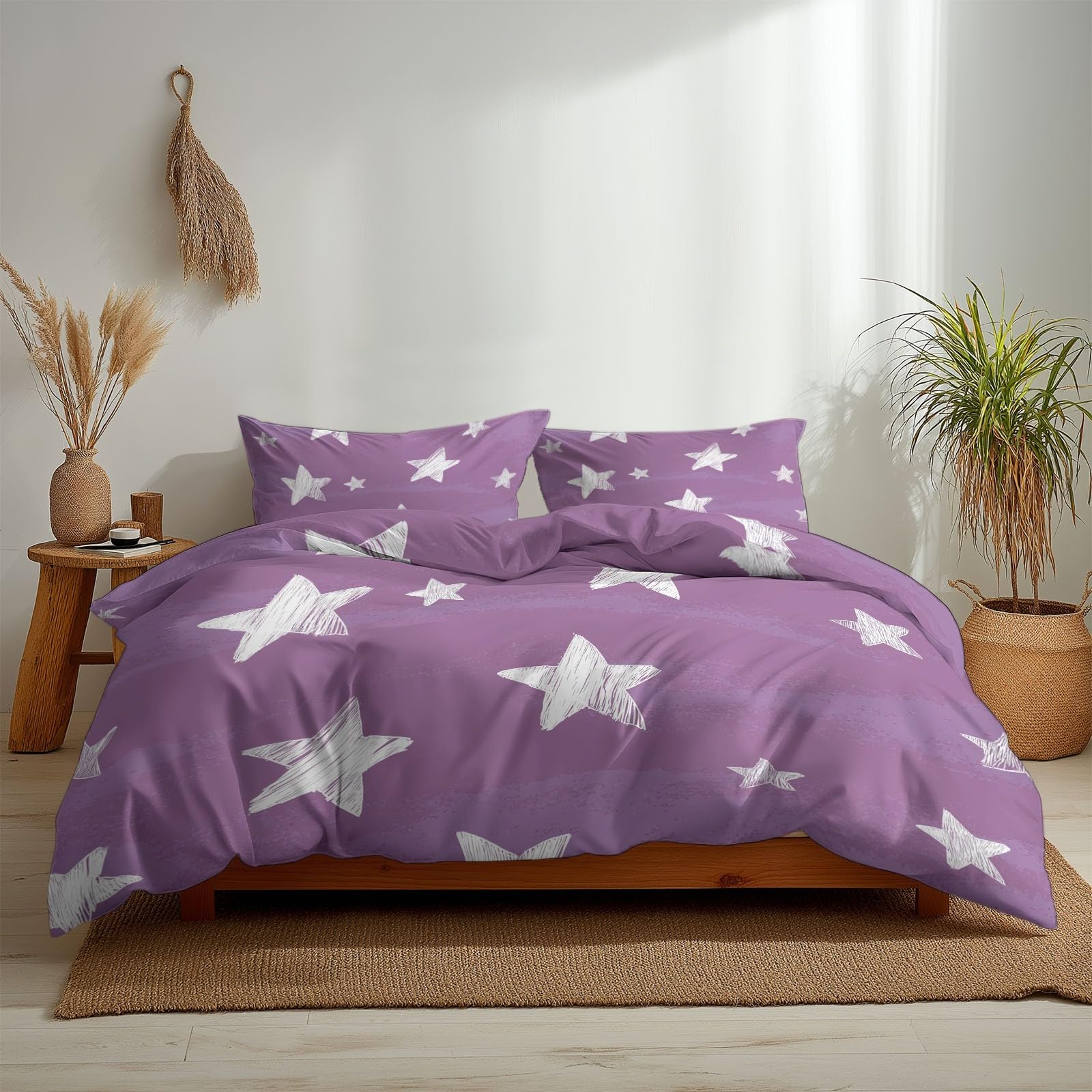 Funda Nórdica Cama 105 Estrellas Lilas, Juego De Funda Nórdica 180x220 cm, 3 Piezas Ropa de Cama con 2 Fundas de Almohada 50x75 cm, Microfibra Reversible Colcha