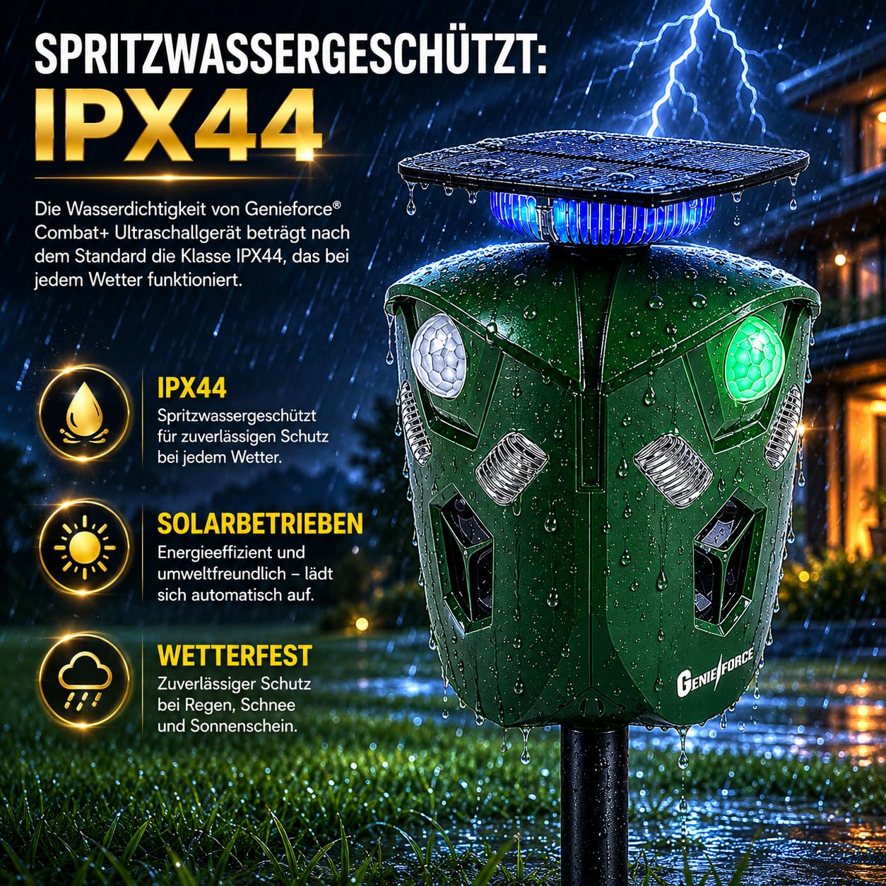 Genieforce® Combat+ Smart 360° ultradźwiękowy odstraszacz zwierząt, odstraszacz zwierząt, ochrona przed kotami, psami, kunami, lisami, ptakami, gryzoniami, wodoszczelny, solarny, 2200 mAh, inteligentne czujniki PIR, GF-EM-75