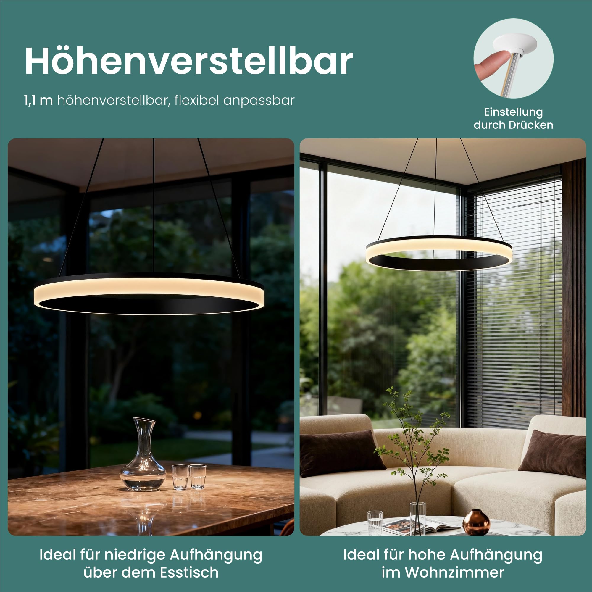 Mai & Mai Pendelleuchte Esstisch, dimmbar mit Fernbedienung & Wandschalter | LED Hängelampe, 60cm, 3000K–6000K,30W, höhenverstellbare Design, Moderne, Luvina02, Sandweiß