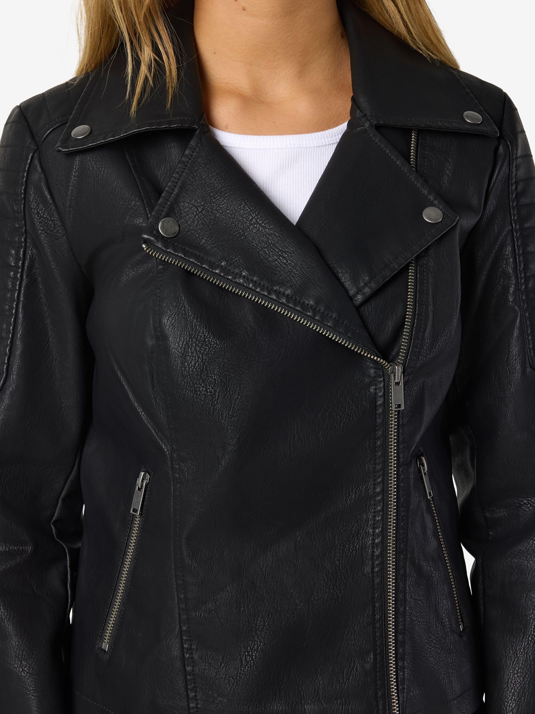 NOISY MAY Veste en Simili Cuir pour Femme Veste de Motard Veste de Transition Manches Longues Chemise Veste en PU NMREBEL
