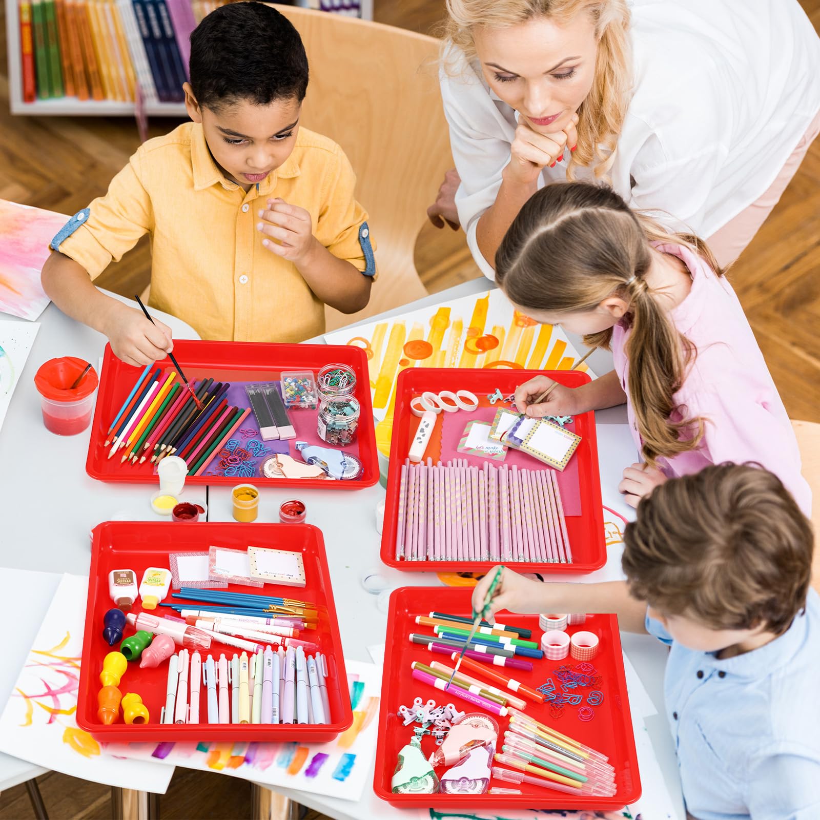 Maitys 15 bandejas planas de plástico de 16.1 x 11.8 pulgadas, bandeja de papel de almacenamiento sensorial, apilables, para oficina, hogar, organizador, suministros de manualidades (rojo)
