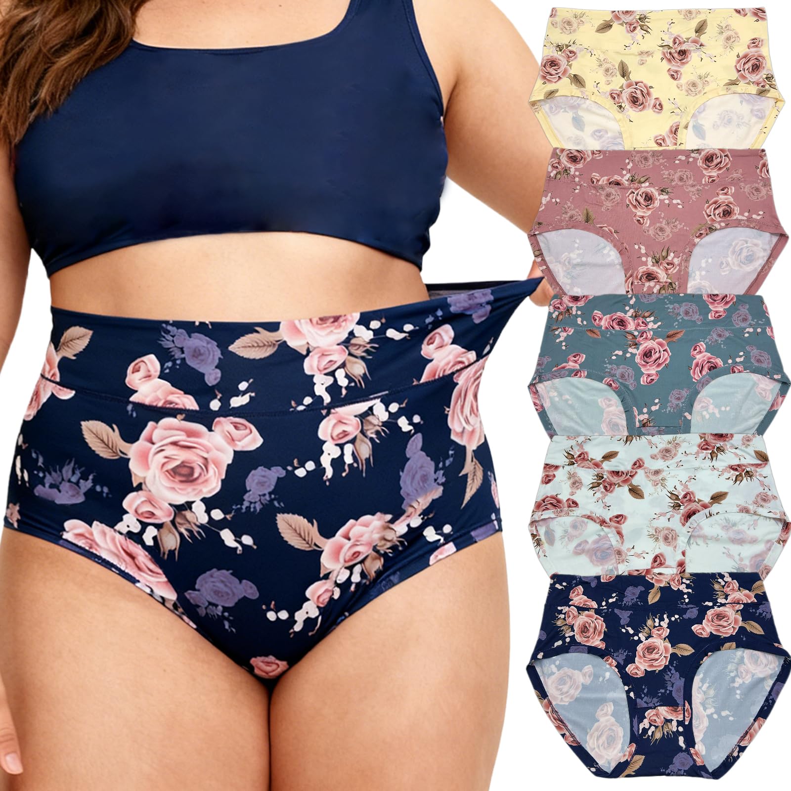 Womens Underwear Plus Size XL-5XL Briefs Panties Rose Floral 5-Pack