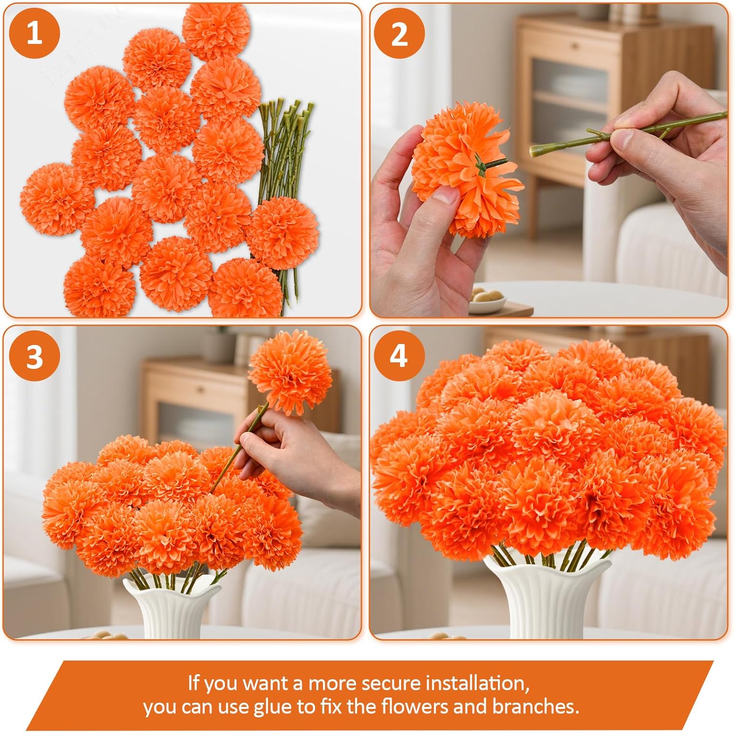 15 Pcs Fall Artificial Chrysanthemums Flowers Fake Mums Orange Silk Ball Flower Floral Bouquet Arrangements for Autumn Thanksgiving Table Centerpiece Home Garden Indoor Outdoor Decor - Image 4