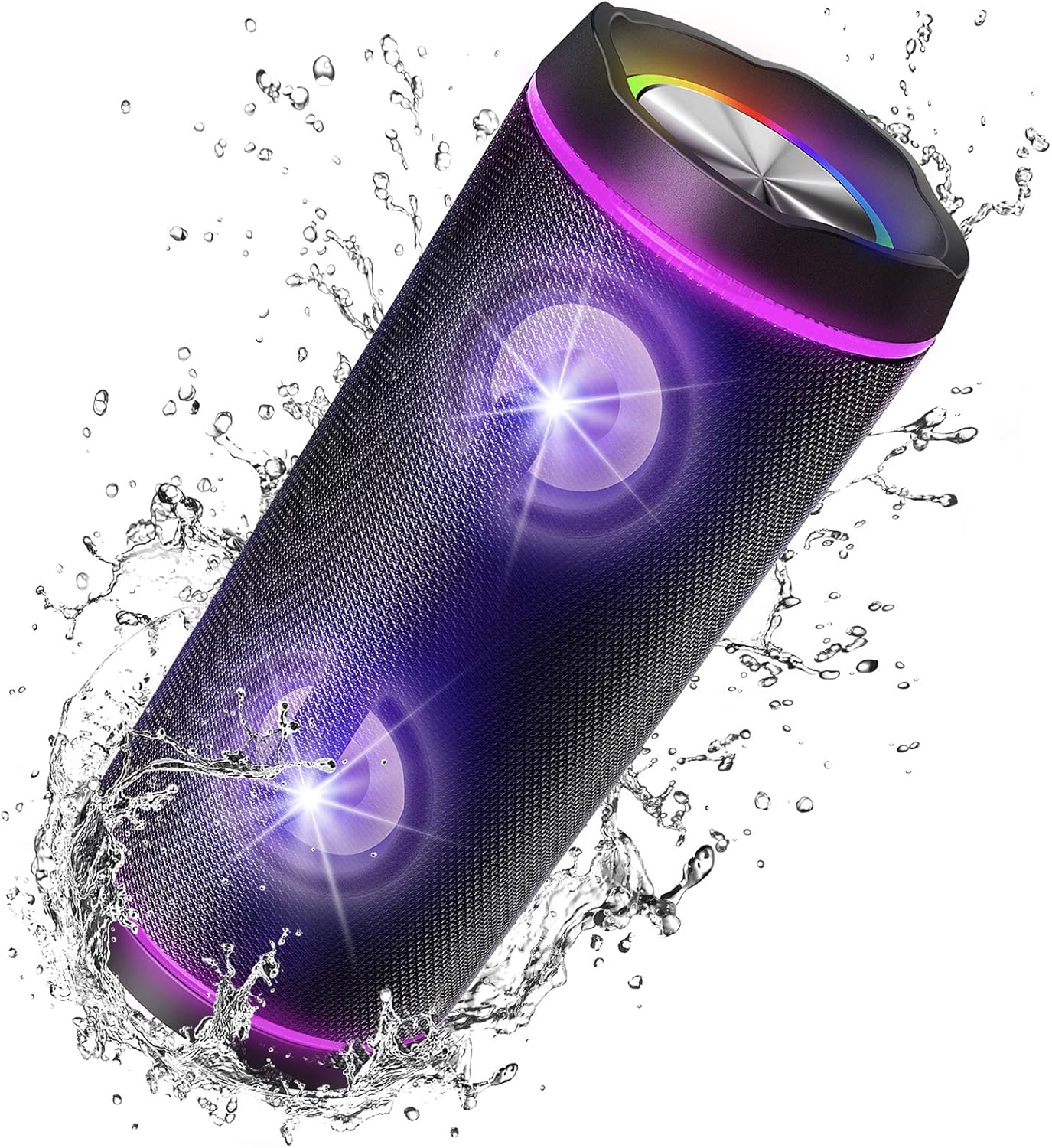 VOKSUN Portable Bluetooth Speaker with water splashes, showcasing its waterproof design.