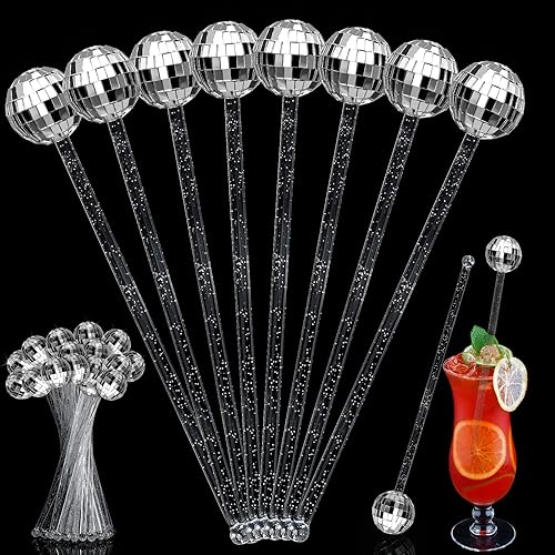 Miniatura 5 de 48 piezas de agitadores de bolas de discoteca de espejo, popotes decorativos de plástico con parte superior redonda, palitos de café para Navidad,