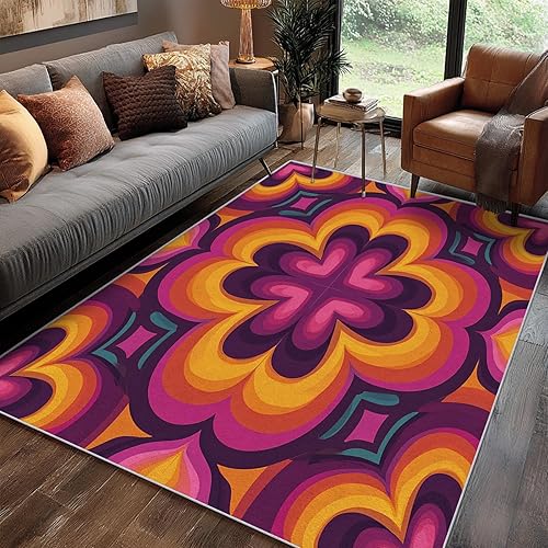 Miniatura 9 de Retro 70s Rug, Large 8x12 Area Rugs Floral Heart Orange Pink Pattern for Living Room, Bedroom, Retro 70s Home Decor Accessories Indoor Carpet, Non