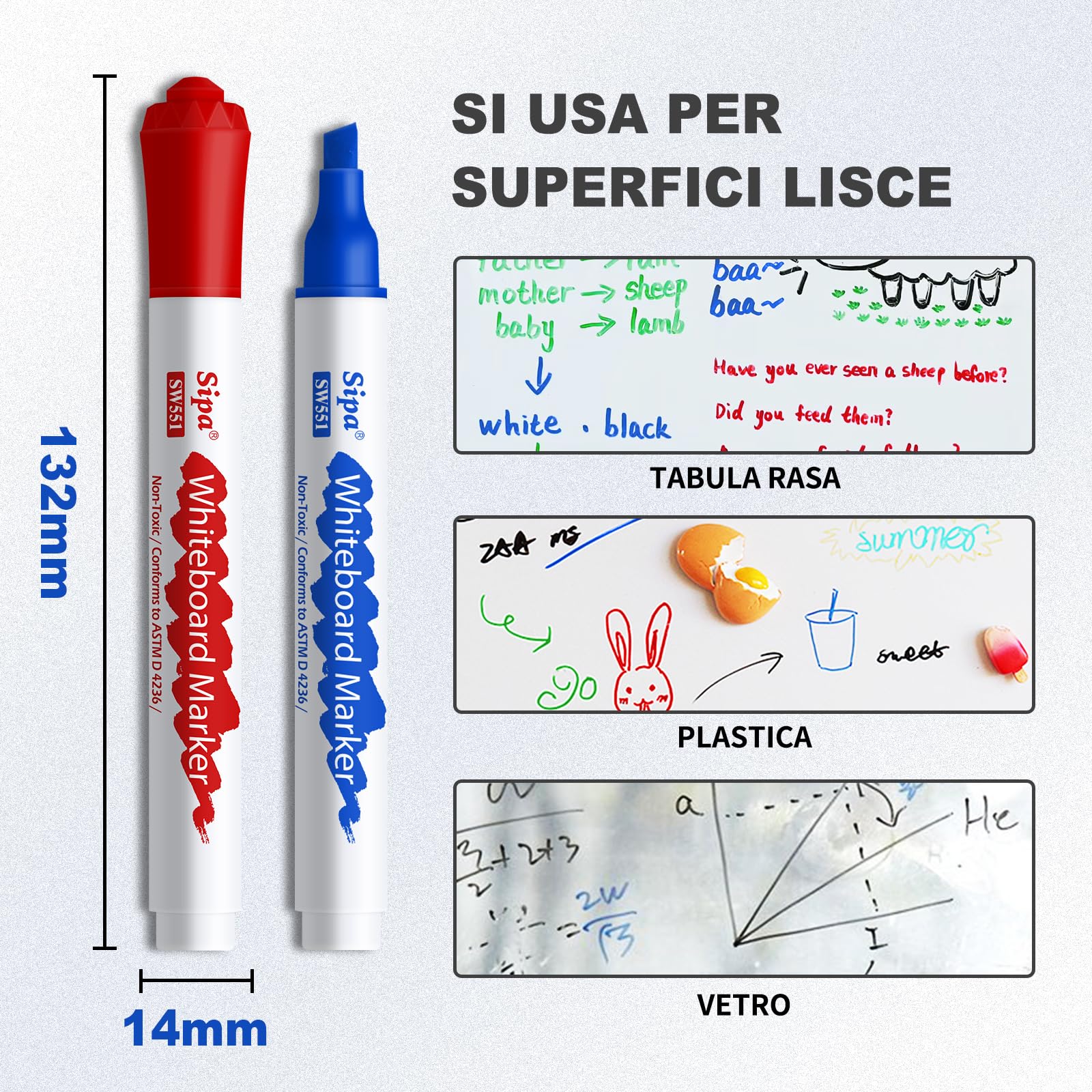 Sipa 12 Pennarelli Lavagna Bianca Cancellabile -Punta a Scalpello da 4 mm，Nero, Rosso, Verde, Blu，Basso odore sicuro，Soddisfare le esigenze di scuole, uffici e famiglie