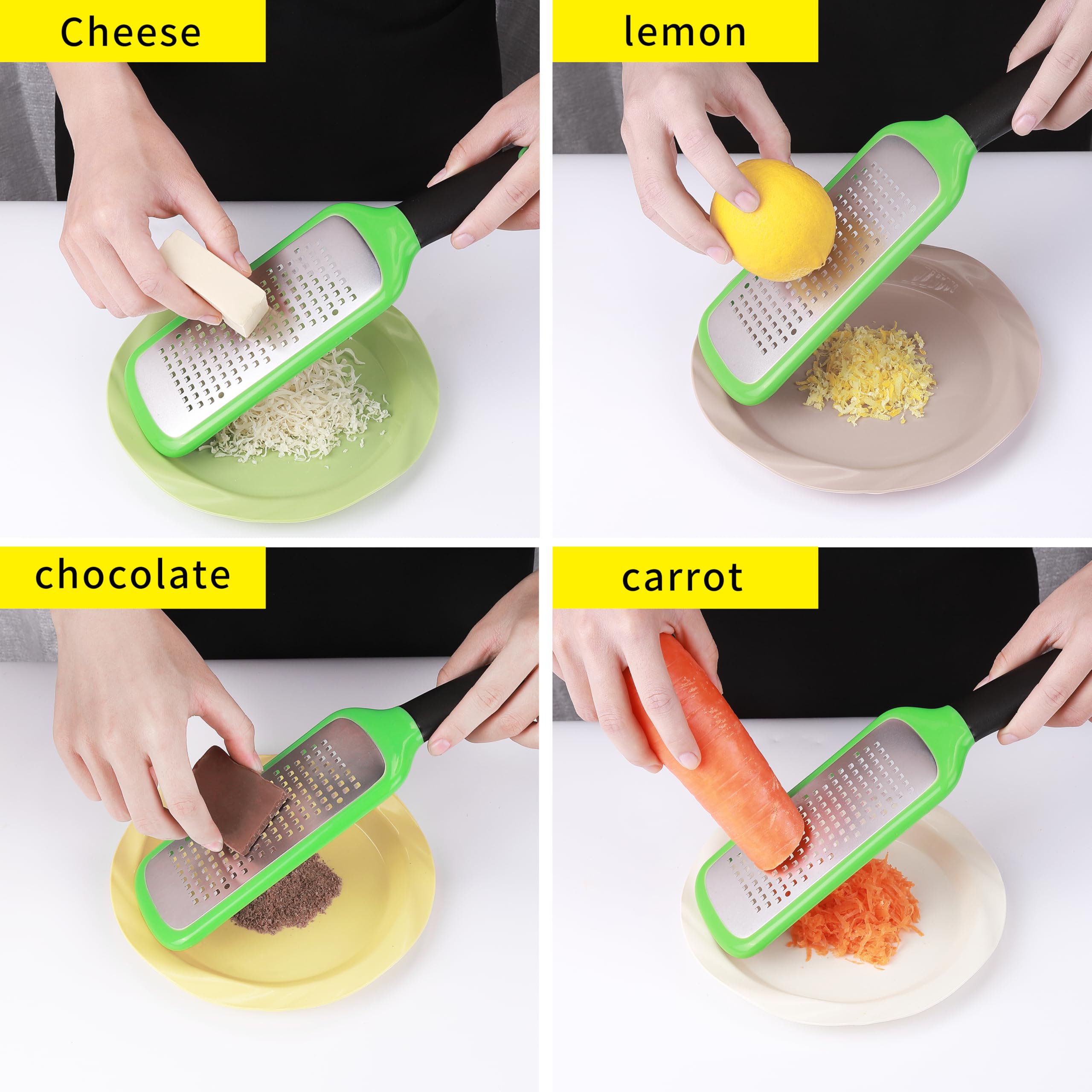 Rallador de queso de mano, pelador de cítricos de limón de acero inoxidable, rebanador plano de mano para queso, limón, chocolate y especias/agujero crudo (verde) 7