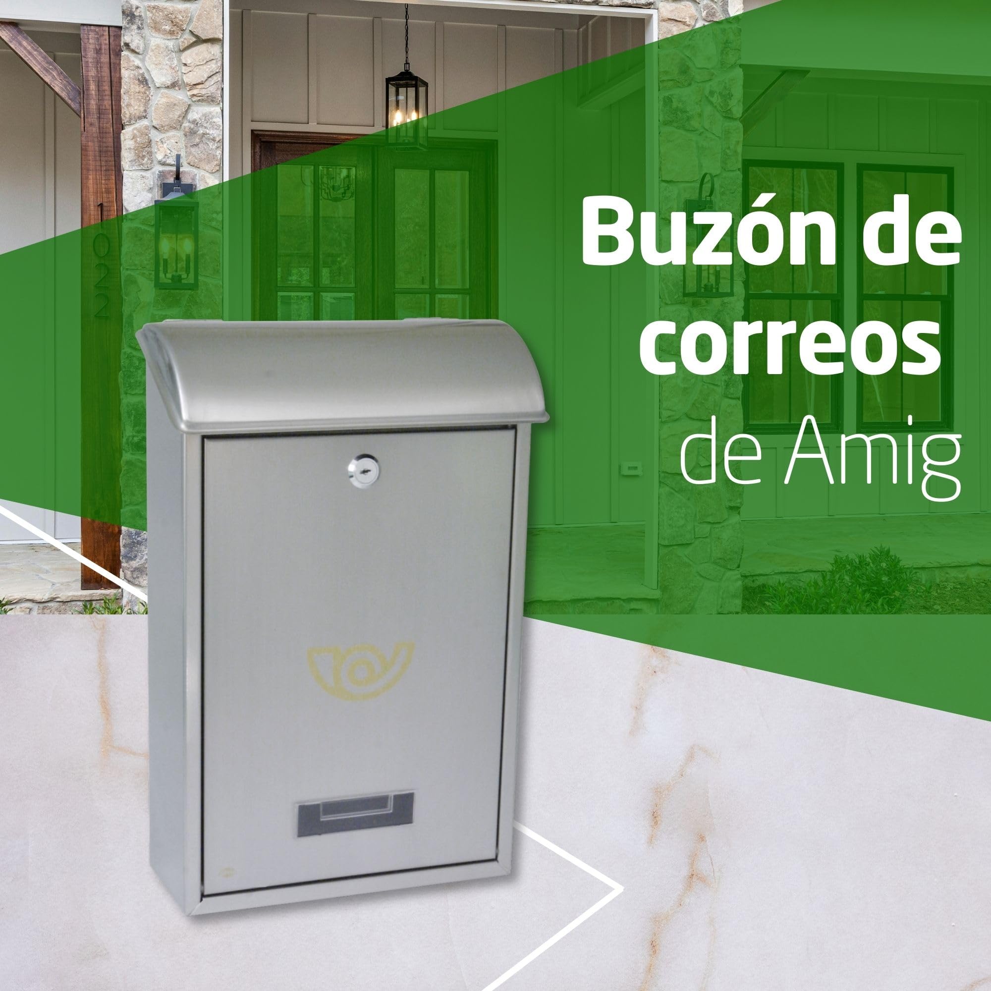 Amig - Buzón Exterior de Pared - Tamaño Compacto para DIN A4 - Apertura Frontal con Cerradura - Acero Inoxidable - Resistente a la corrosión - Fácil de Instalar en Puertas o Verjas - 40 x 24 x 8 cm