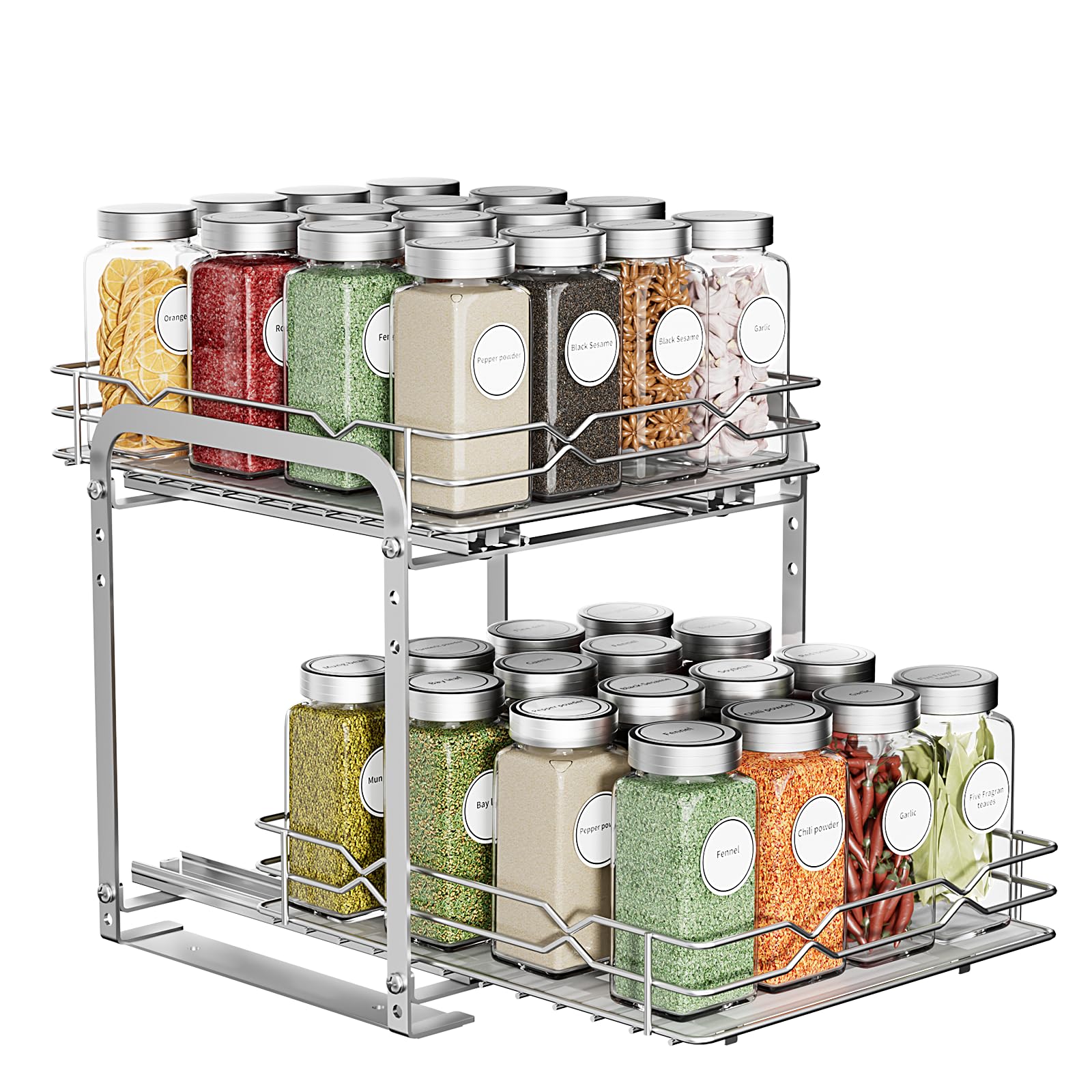 Gewürzregal Ausziehbar, Edelstahl Gewürz Organizer, 2 Etagen Höhenverstellbar Gewürzregal Schrank Küchen Organizer, Gewurzregalsystem für Küchen Schrank，Gewürzregal Stehend für schrank innen