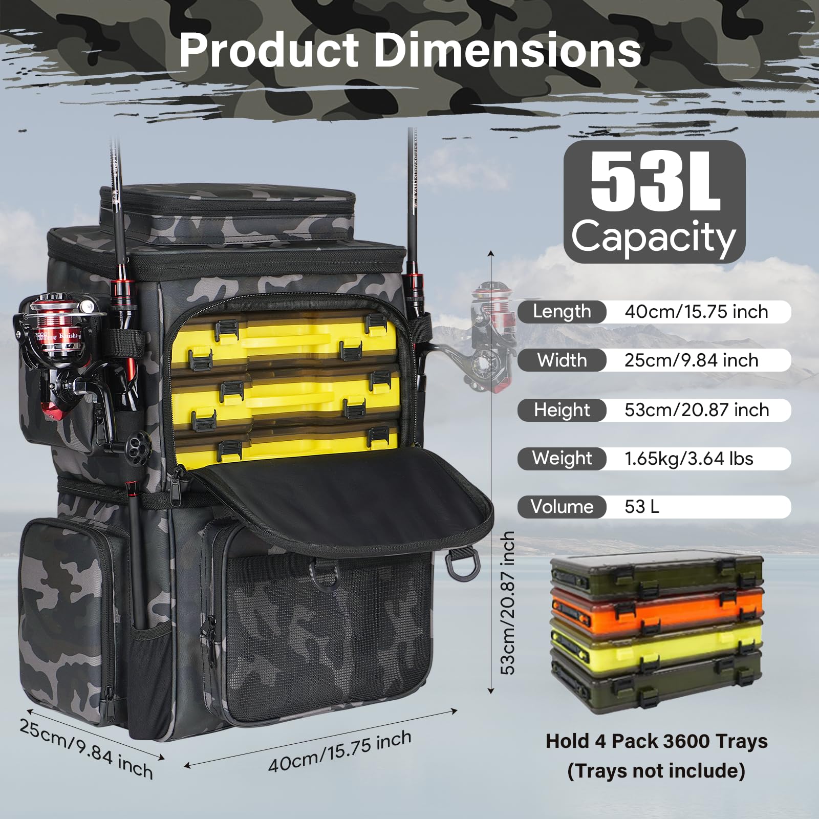 Fishing Tackle Backpack with Cooler Bag, Waterproof Fishing Bag with 2 Rod Holders, 53L-Large Fishing Backpacks with Bottle Holder & Coolers, Fishing Equipment for Beginner Fishing, Camping, Hiking