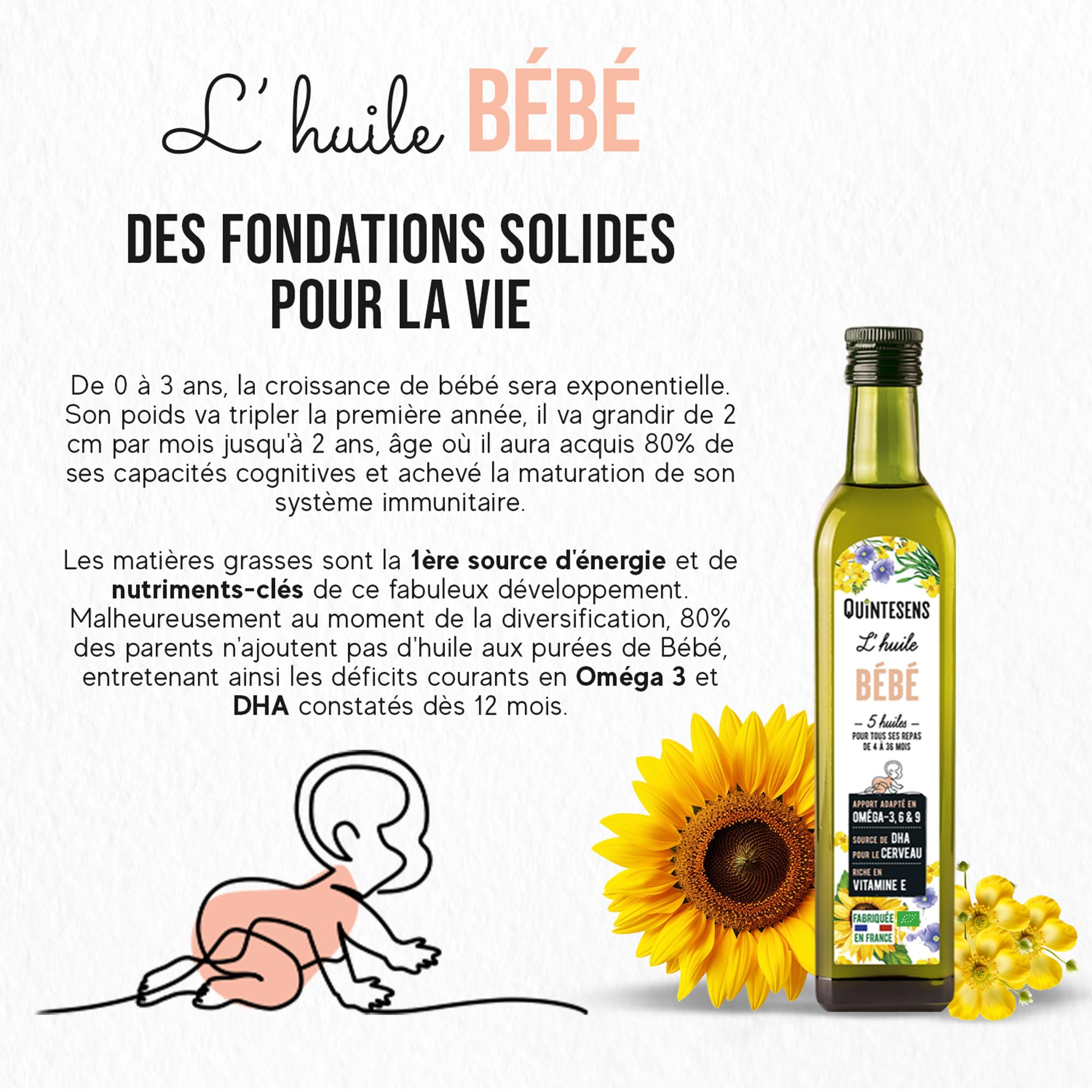 Lot 3 Huiles Bébé QUINTESENS 250 ml - Développement cérébral et Protection cellulaire - Apports en DHA, Oméga 3, 6 & 9 et Vitamine E - Production 100% Française - 4-36 Mois