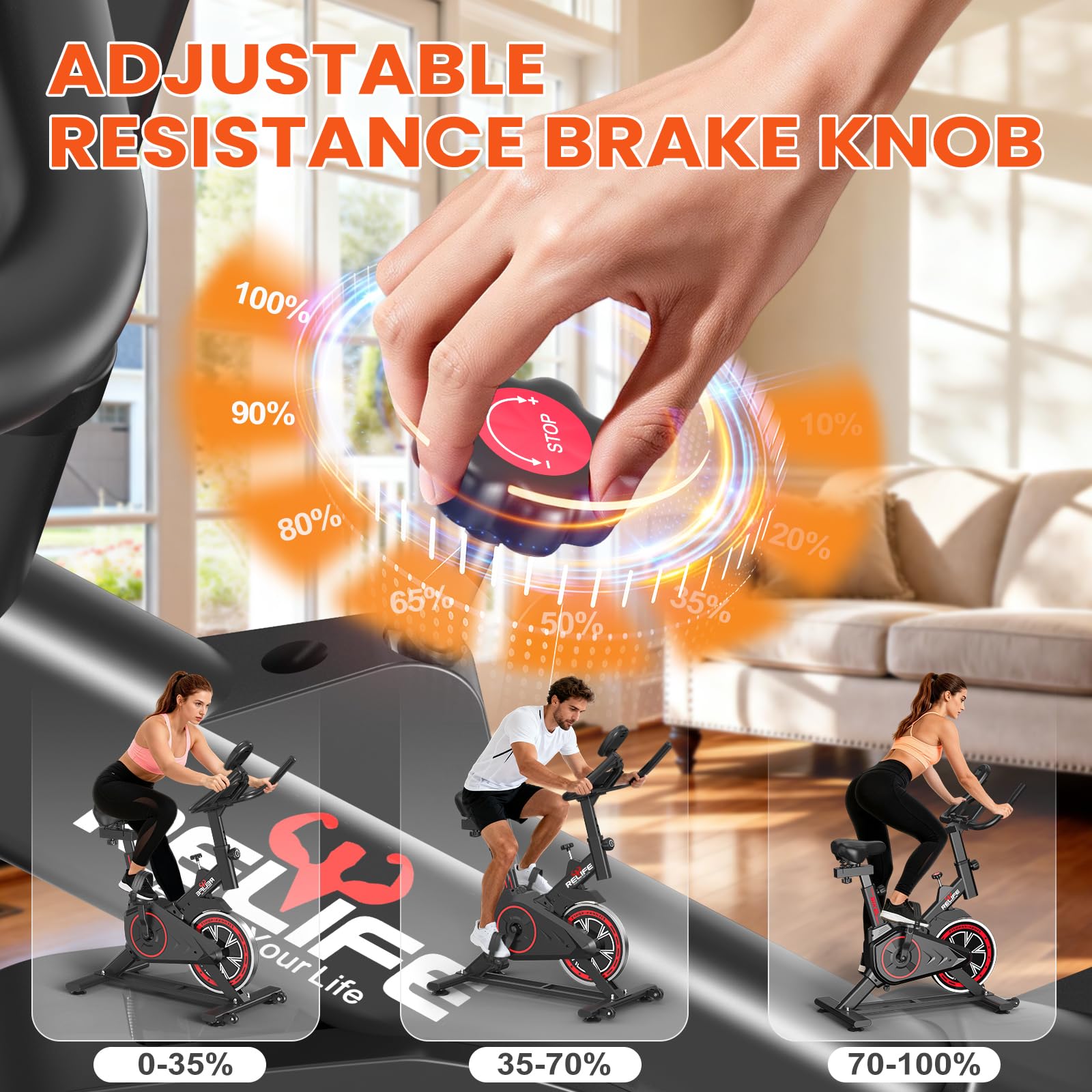 RELIFE REBUILD YOUR LIFE Exercise Bike Stationary for Home Indoor,Cycling Bike with Silent Belt Drive for Home Cardio,Brake Pad Resistance with djustable & Comfort Seat/PAD Holder/LCD Monitor.
