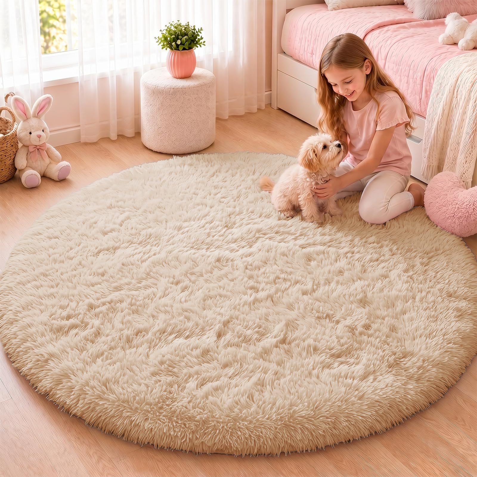 OLANLY Beige Round Rugs for Bedroom - Machine Washable, 4x4 Feet Circle Area Rugs for Living Room, Soft and Fluffy Shaggy Carpet for Teen Girls and Boys, Dorms, Nursery Rooms, Home Decor Aesthetic — image 1