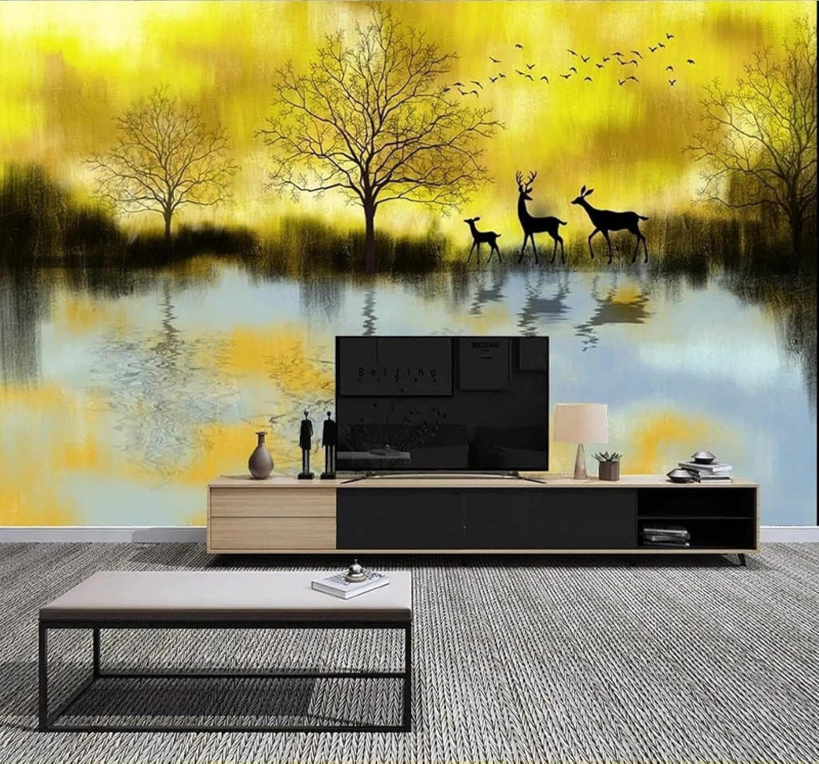 Tzxztt 350Cm×256Cm(B×H) Abstract Beautiful Trees Moose Landscape Modern 3D Wallpaper Premium Textured Silk Neutral Tones Material Ideal For Living Room Bedroom-350Cm×256Cm